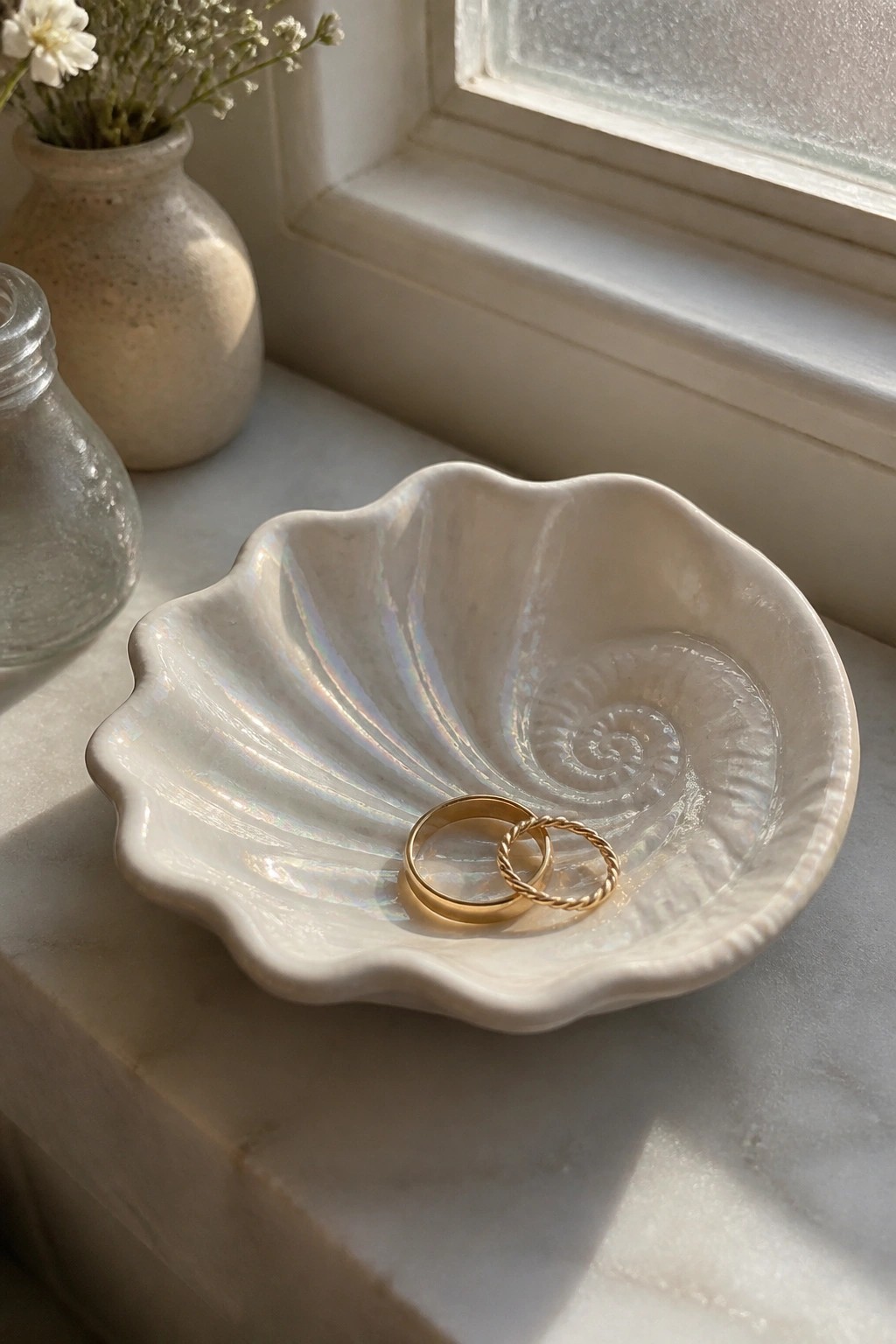 Two gold rings in an iridescent white seashell dish on a marble windowsill.