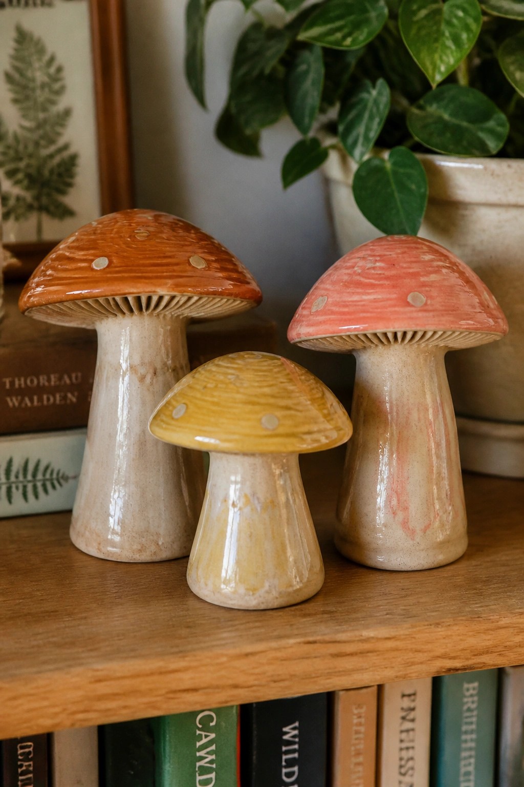 Three colorful ceramic mushrooms on wooden shelf with books and potted plant