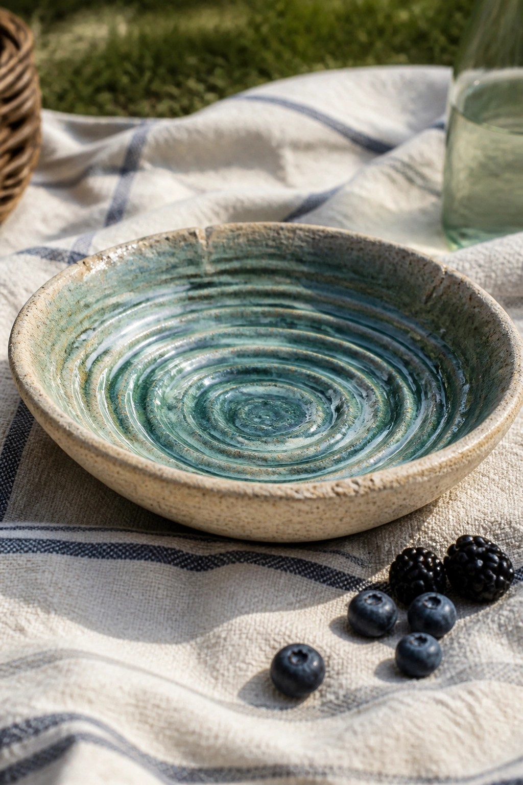 Turquoise ceramic bowl with spiral glaze beside berries on striped picnic cloth