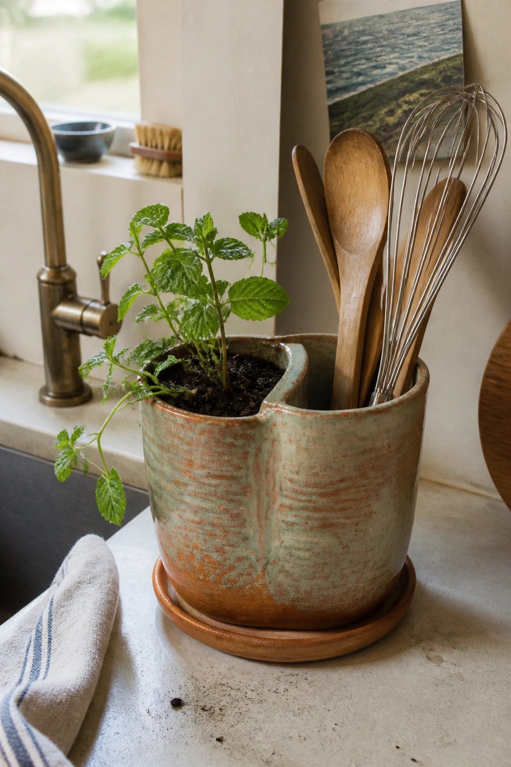 Mint plant and wooden utensils in a rustic divided ceramic pot on counter