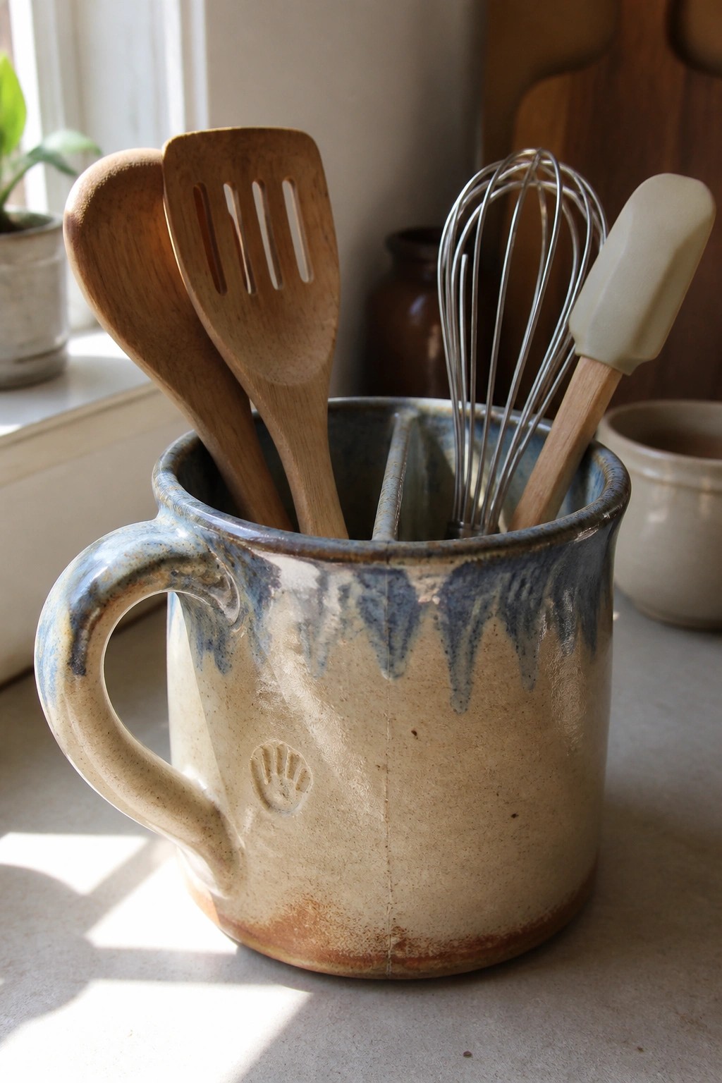 Rustic ceramic mug with blue glaze holding wooden spoons, whisk, and spatula.