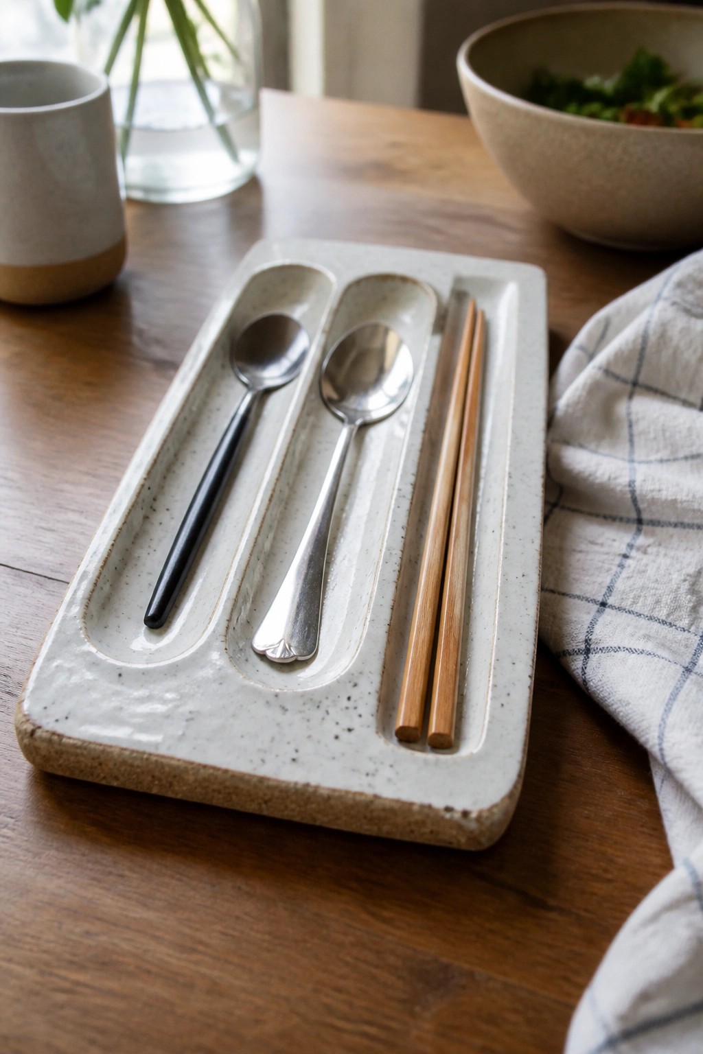 Speckled ceramic tray with spoons and chopsticks on wooden table beside napkin