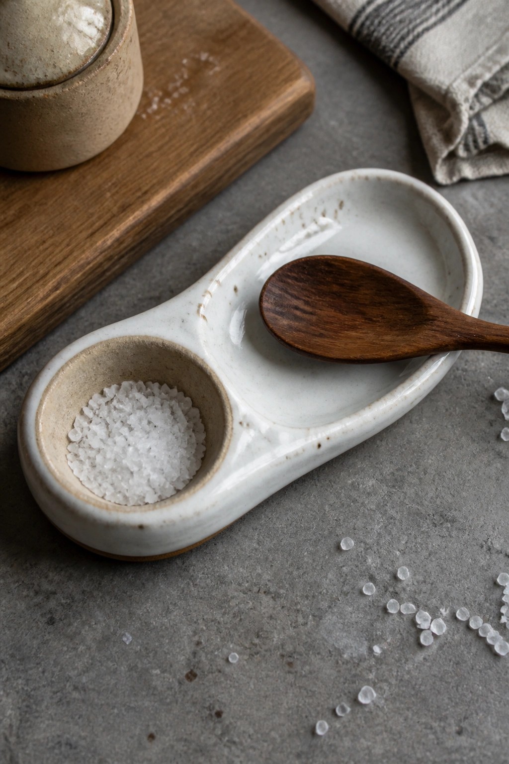 White ceramic dish with a small circular well holding salt on the left and a wooden spoon resting on the larger flat section to the right, set on a gray surface.