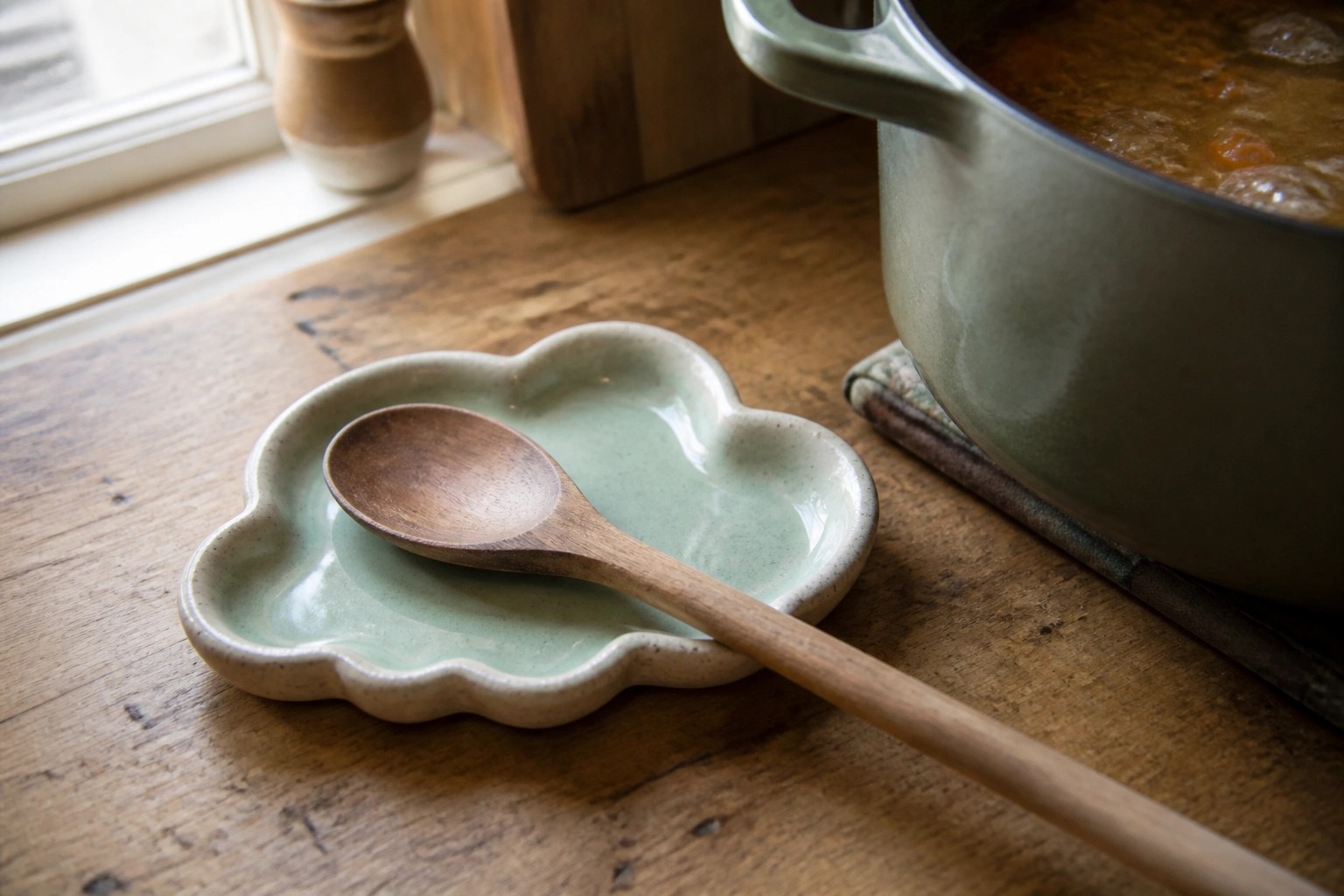 Wooden spoon on light green scalloped ceramic dish beside orange pot on stove.