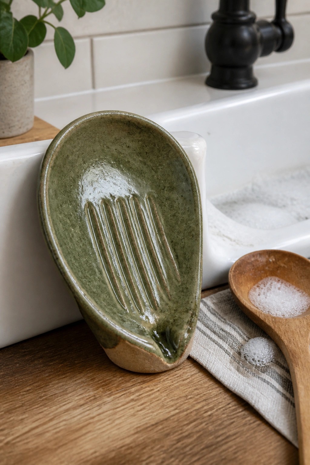 Green ceramic spoon rest with ridges beside white sink and wooden spoon with salt.