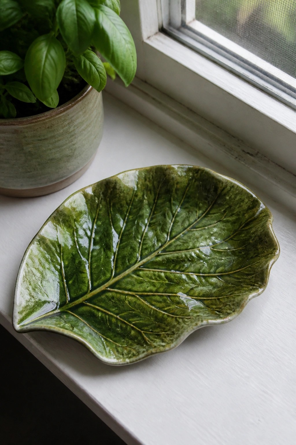 Green leaf-shaped ceramic bowl on white windowsill beside potted basil plant