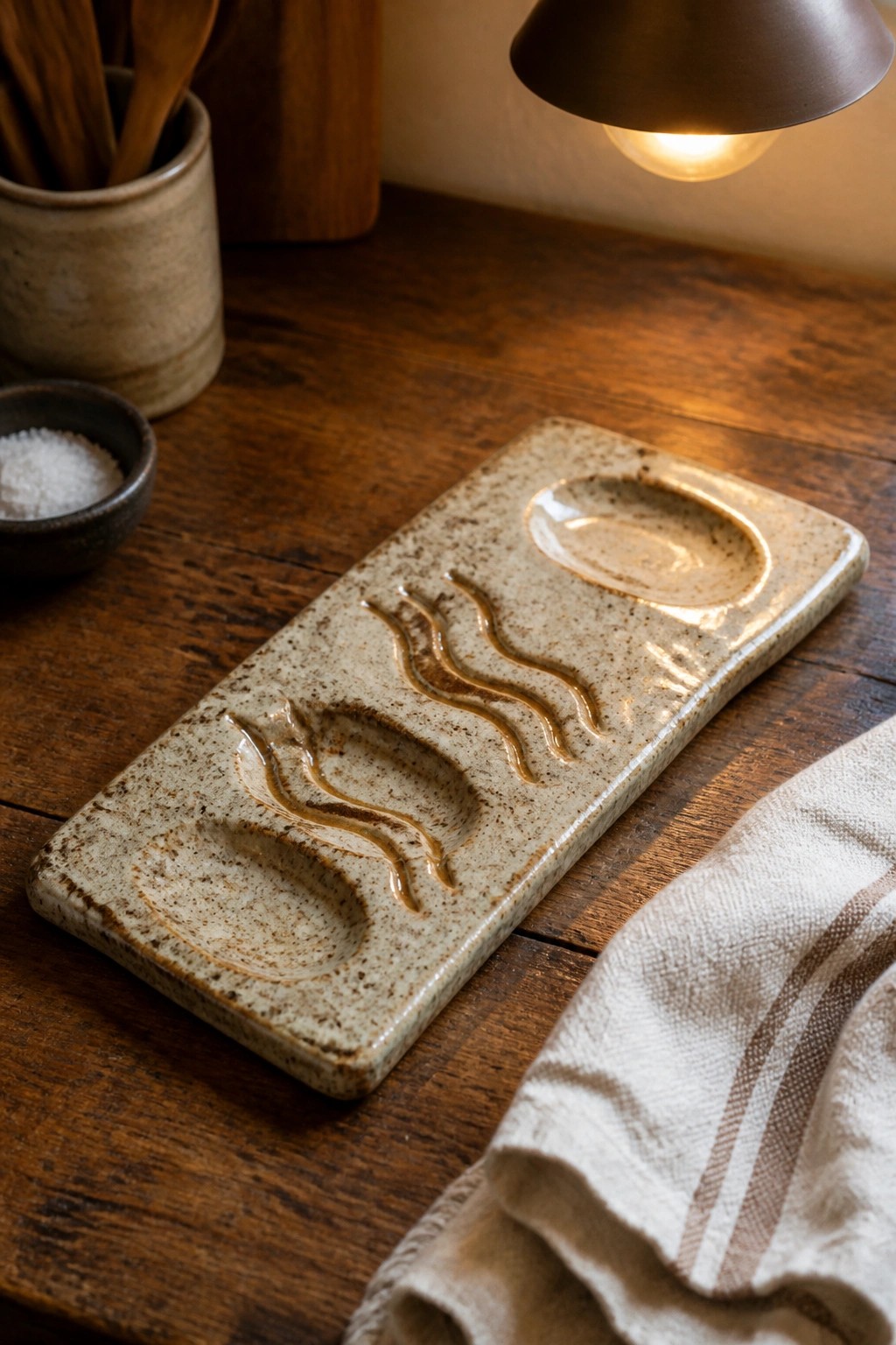 Rectangular ceramic tray with wavy grooves and circular wells on a wooden surface.