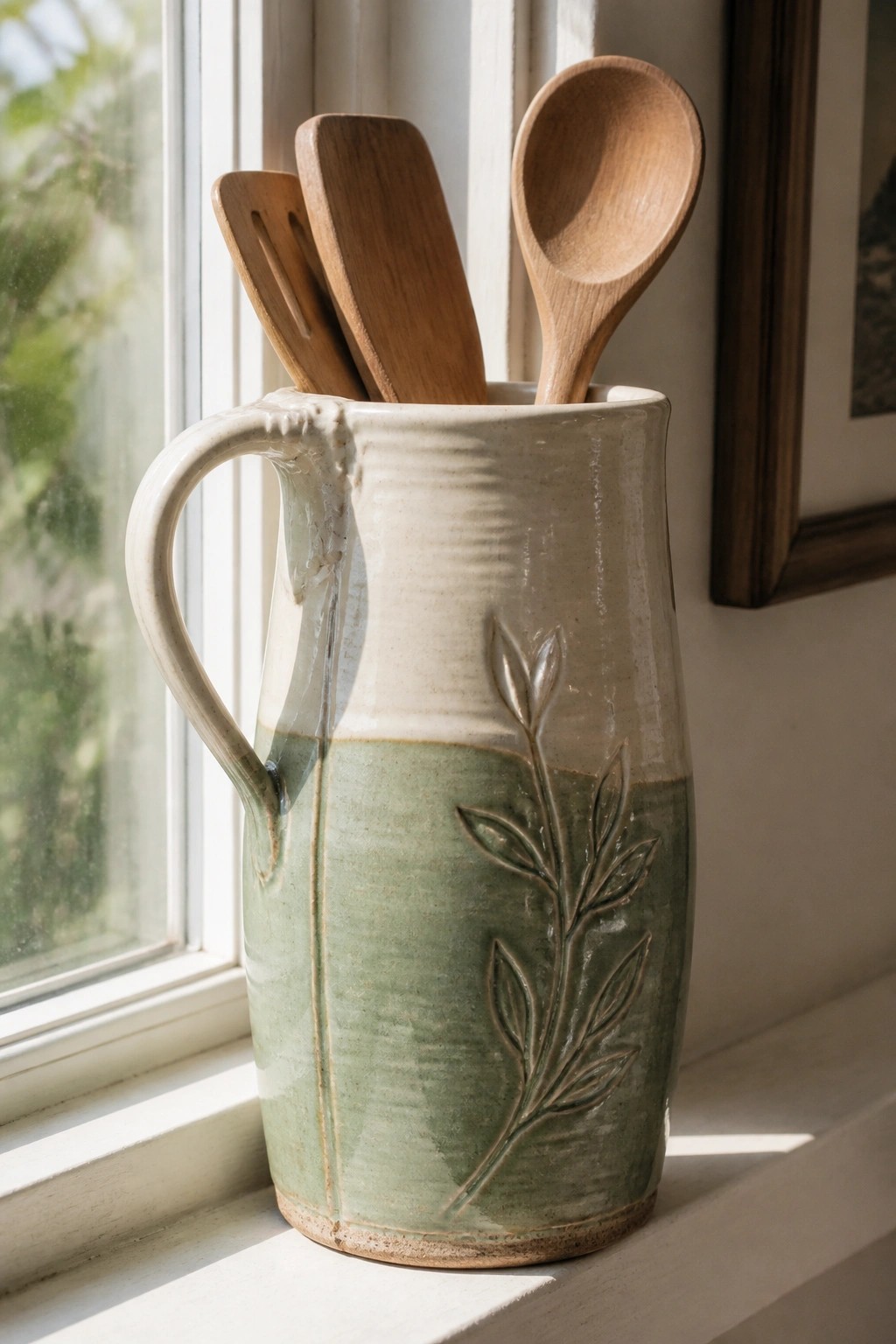 Ceramic pitcher with green glaze and leaf design holding wooden utensils by window
