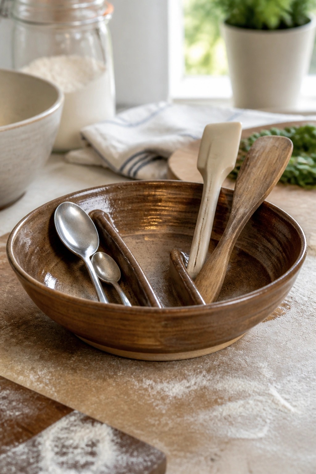 Brown ceramic bowl with metal spoons and wooden spatulas on floured counter