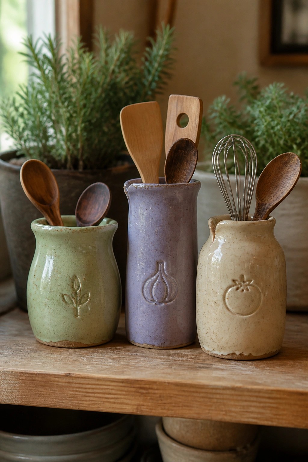 Three ceramic jars in green, purple, and beige holding wooden kitchen utensils on a shelf.