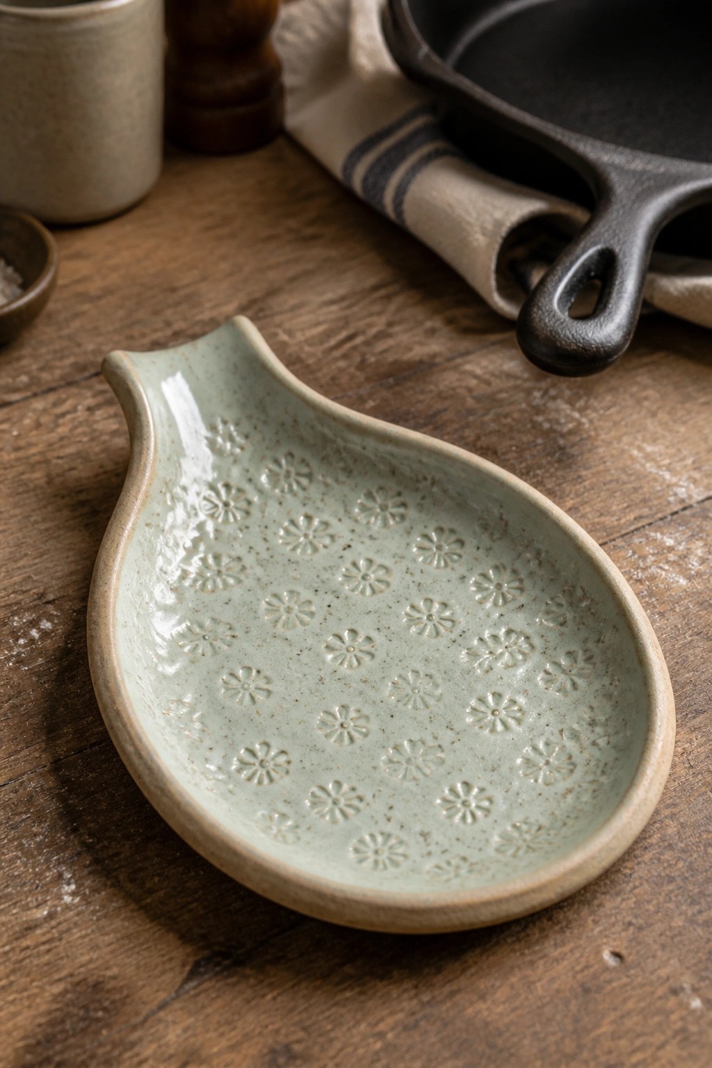Light green ceramic spoon rest with embossed flowers on wooden table.