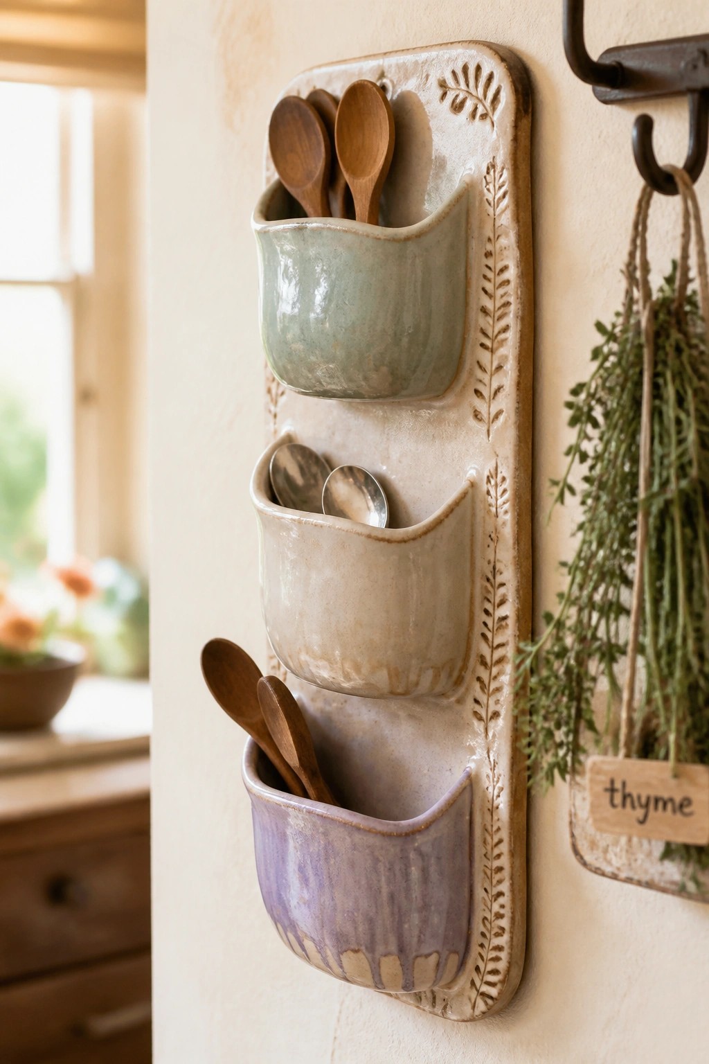 Ceramic wall rack with green, beige, and purple pockets holding spoons beside thyme herbs.