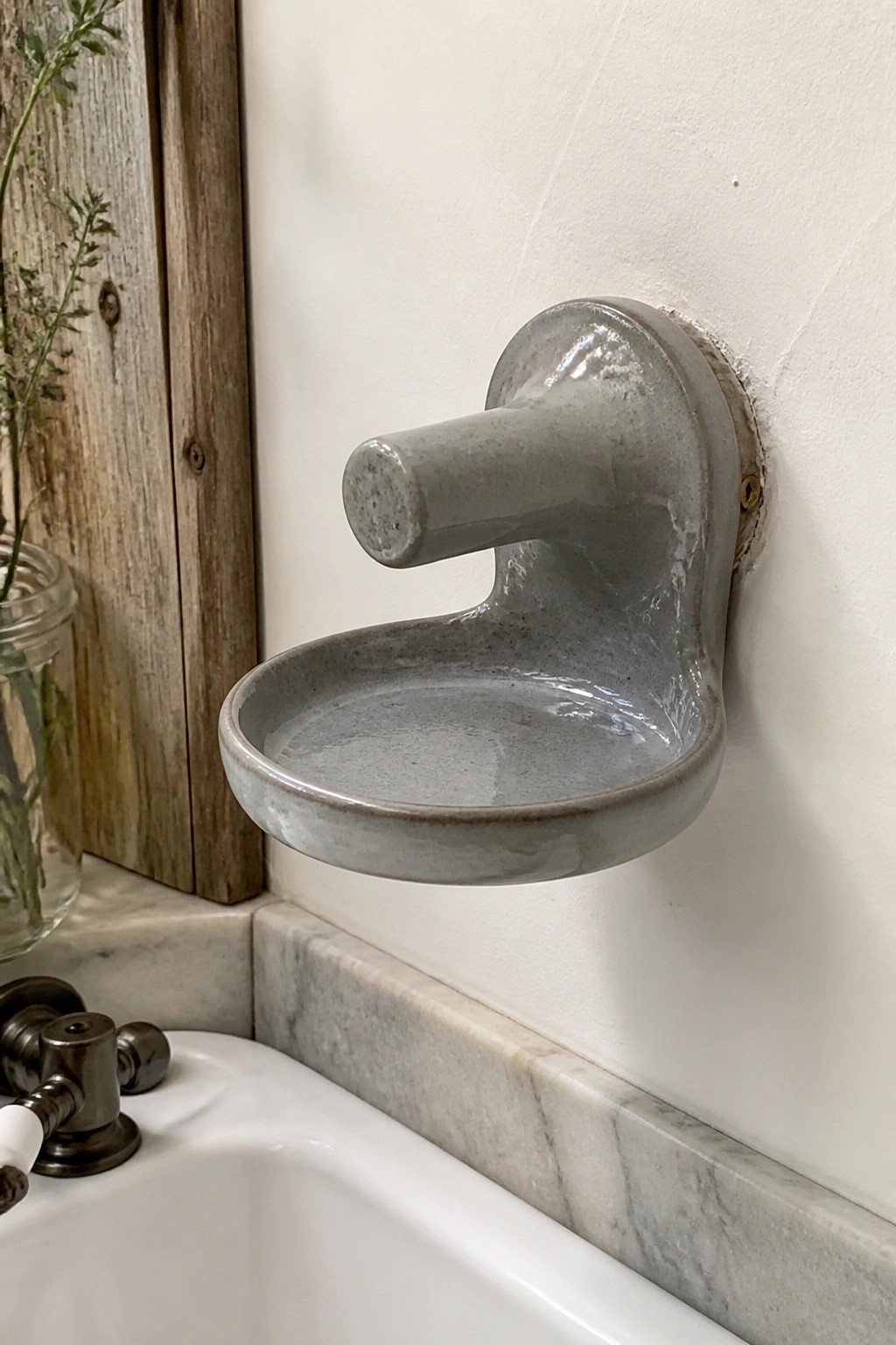 Gray ceramic soap dish mounted on white wall above marble sink
