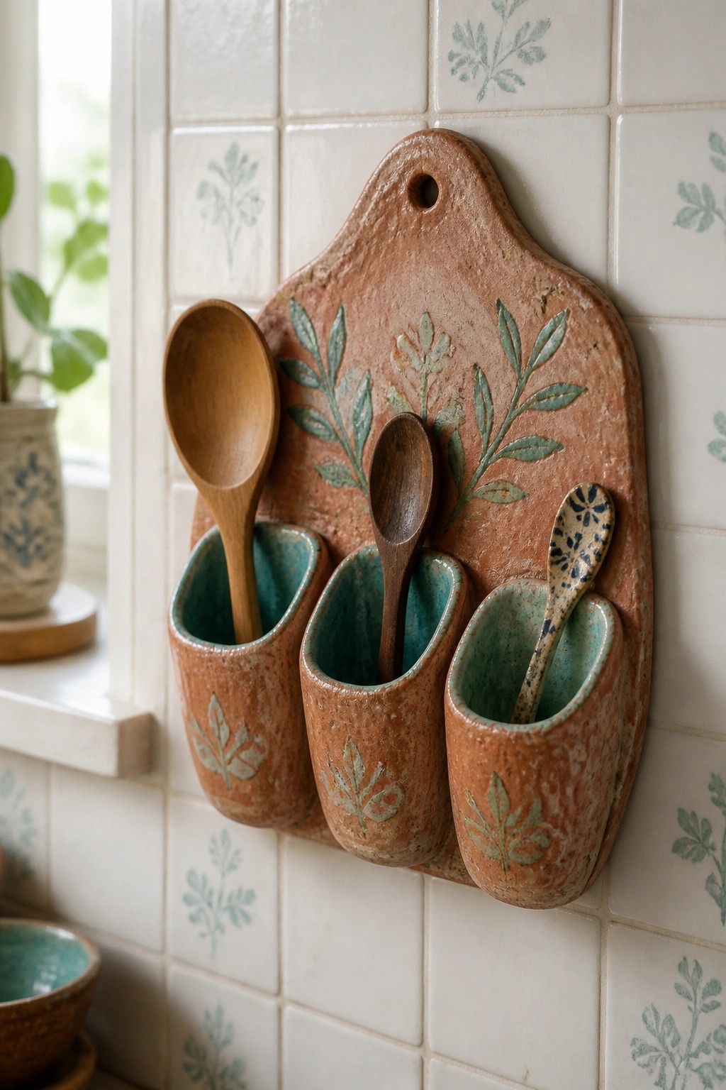 Rustic terracotta ceramic wall caddy with three pockets holding wooden and ceramic spoons