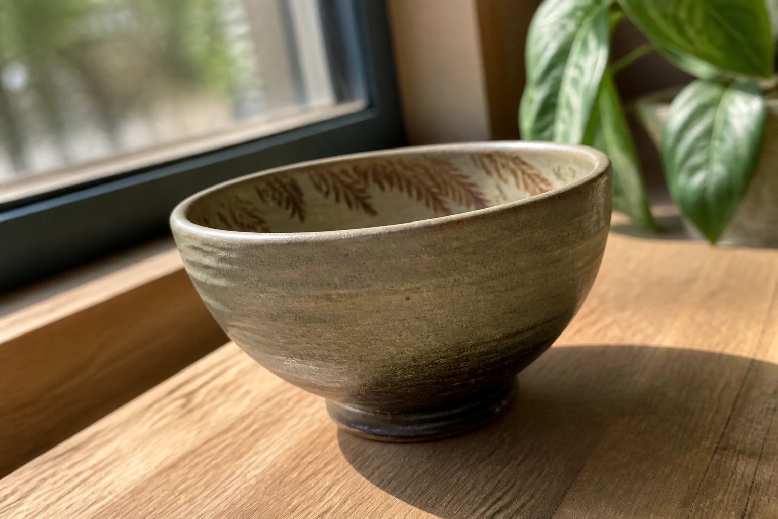 Rustic ceramic bowl with brown leaf patterns on wooden windowsill near plant