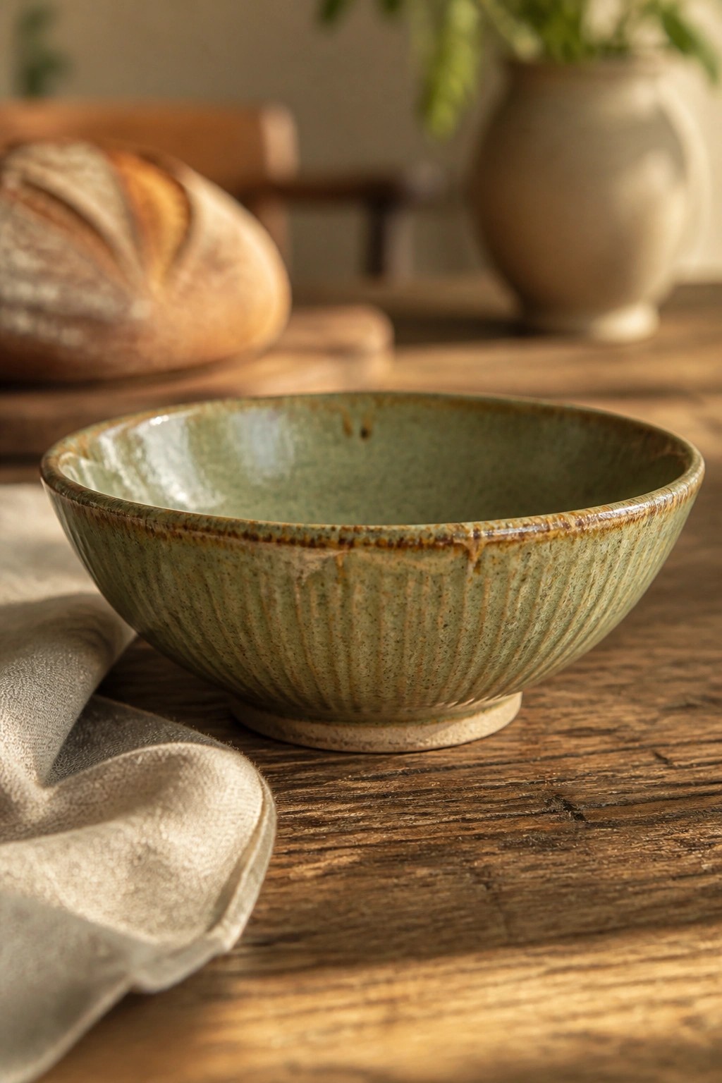 Green ceramic bowl beside bread loaf and linen cloth on wooden table