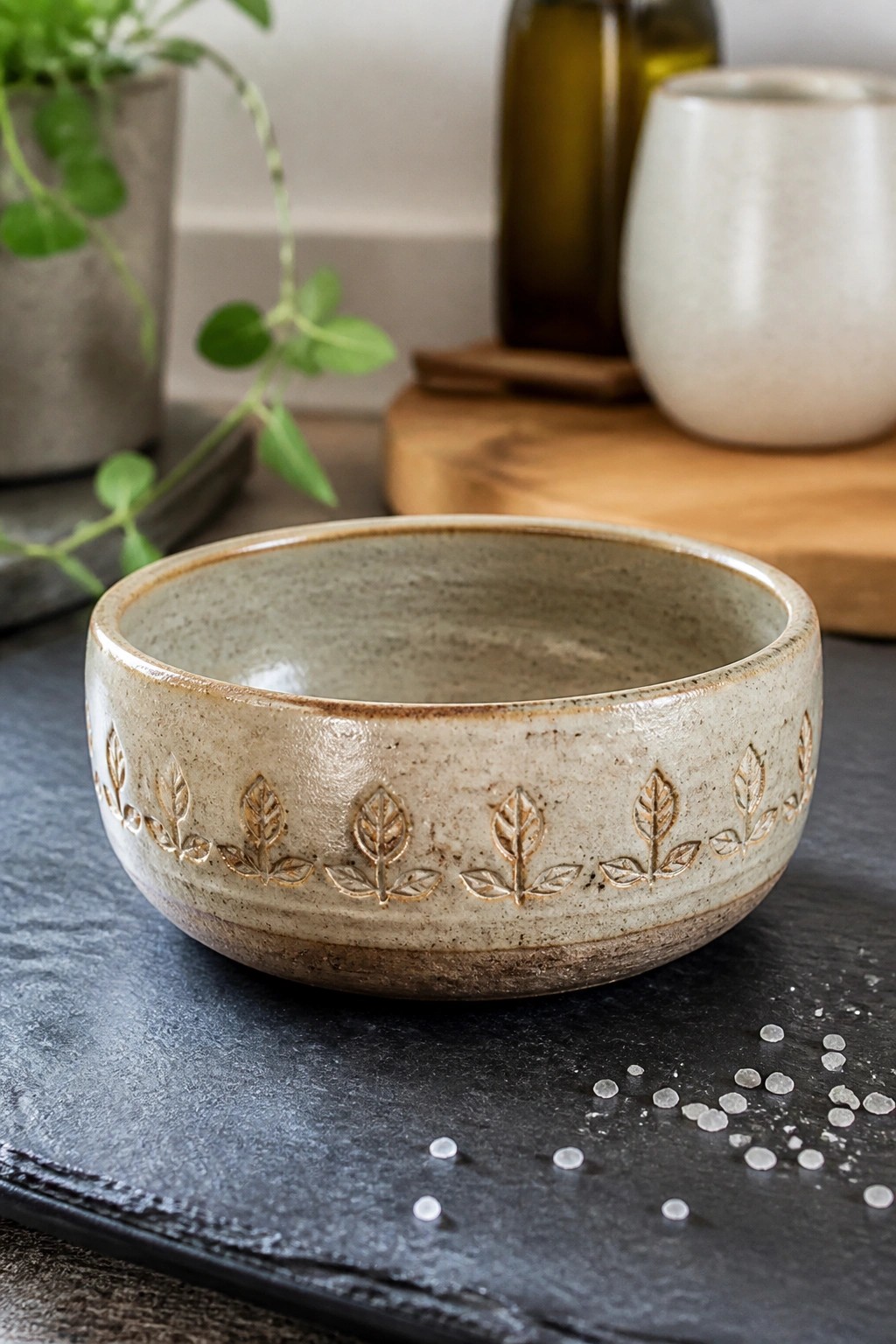 Speckled ceramic bowl with embossed leaves on dark slate beside white beads