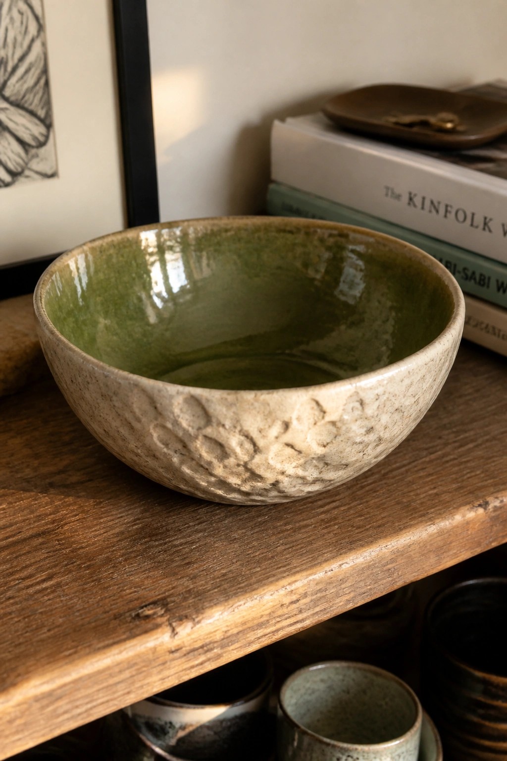 A large ceramic bowl with green glazed interior and textured beige exterior rests on a wooden shelf beside stacked books.