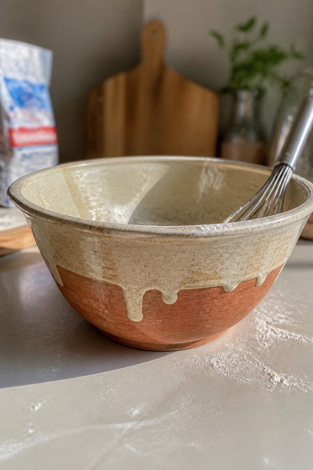 Rustic ceramic bowl with dripping white glaze and whisk on floured counter