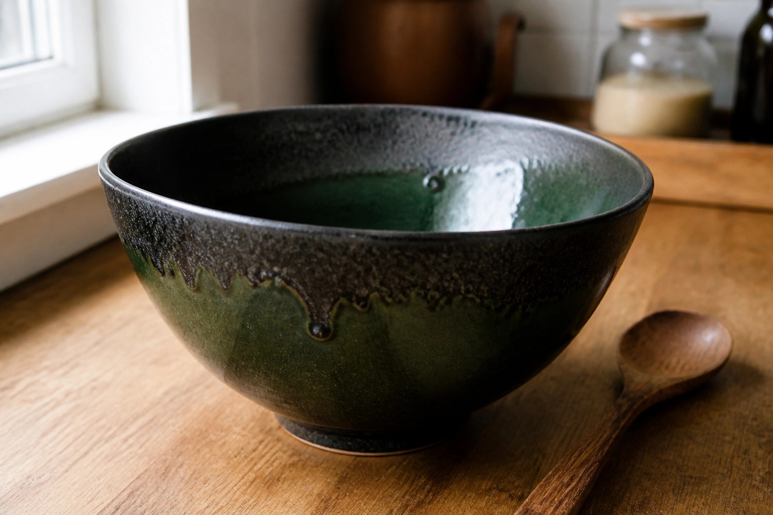 Green ceramic bowl with dark rim beside wooden spoon on table
