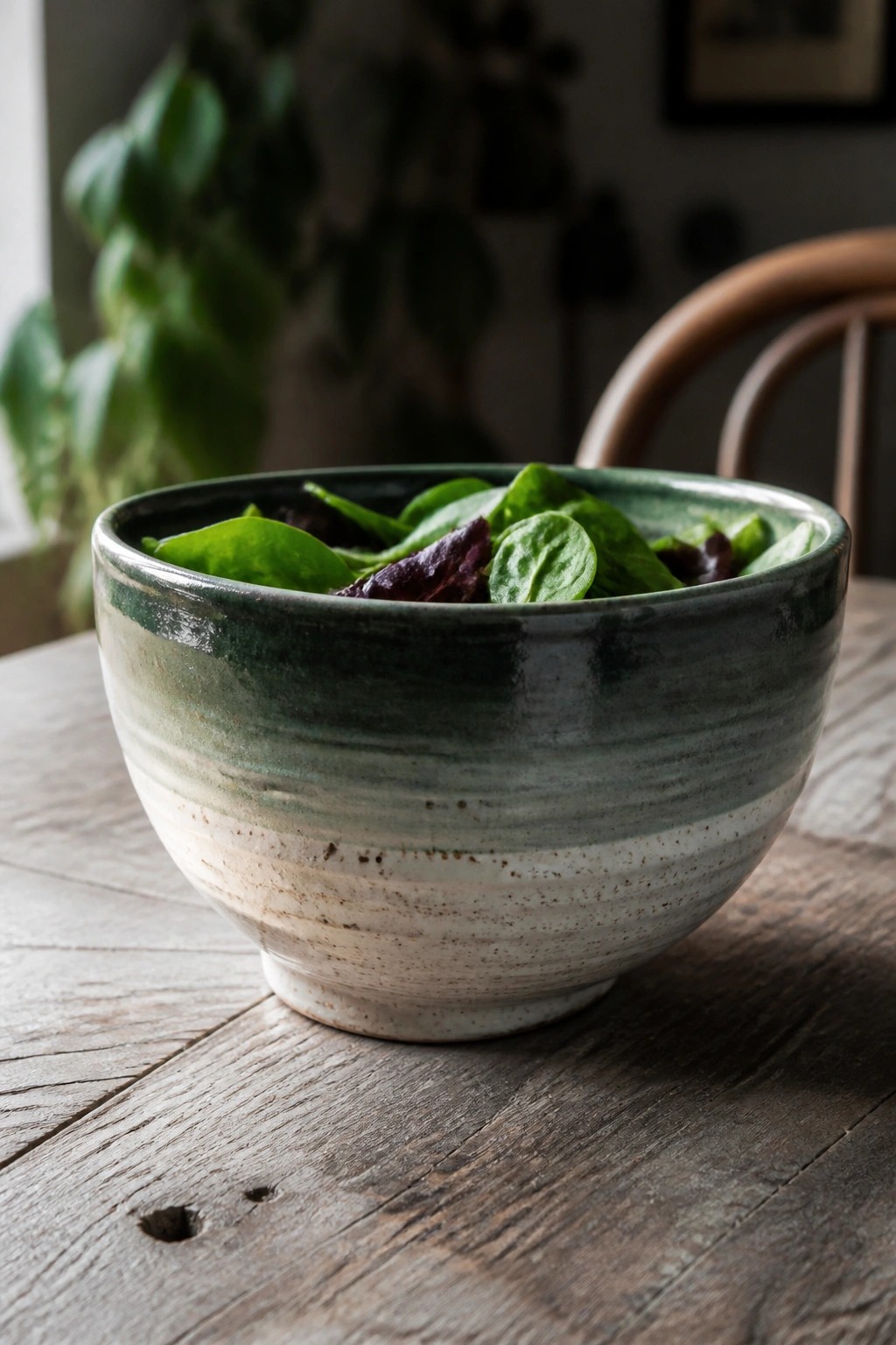 Striped green ceramic bowl of mixed salad leaves on wooden table.
