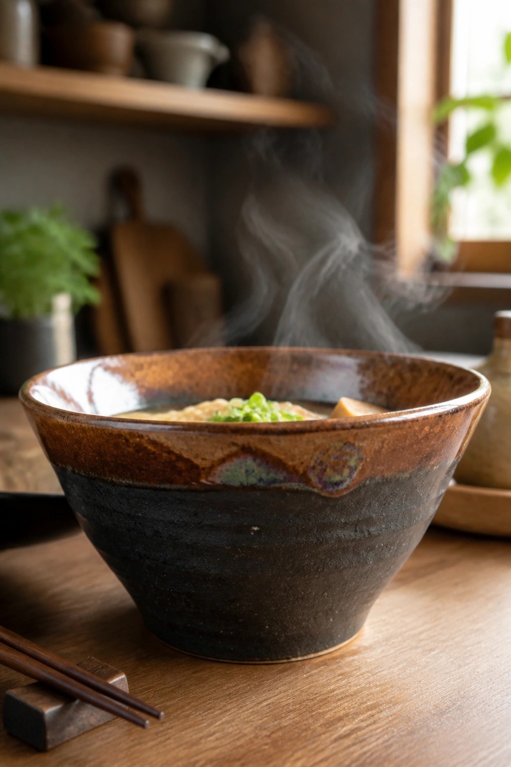 Steaming noodle soup in rustic ceramic bowl beside chopsticks on wooden table