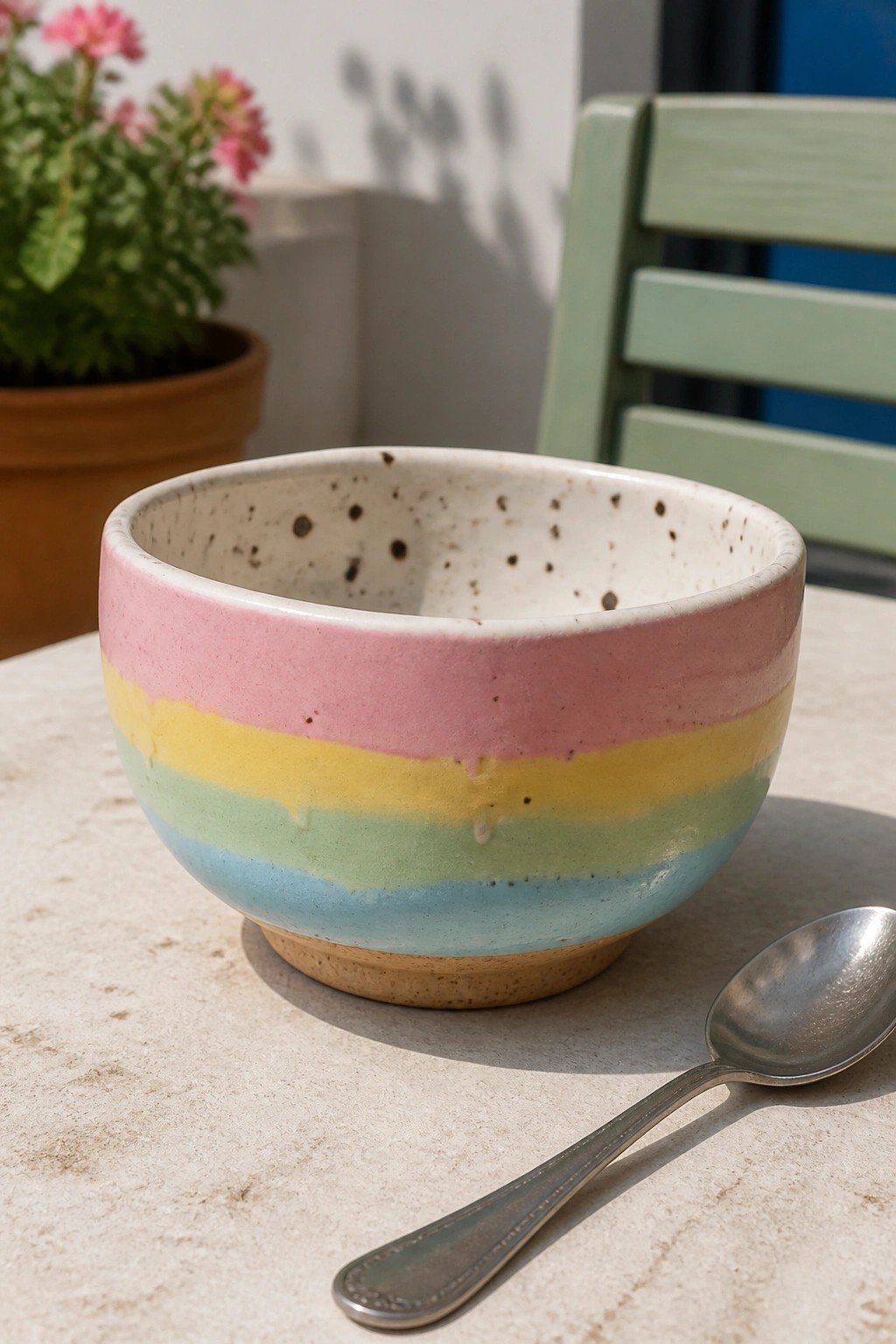 Pastel-striped ceramic bowl with metal spoon on sunlit outdoor table.