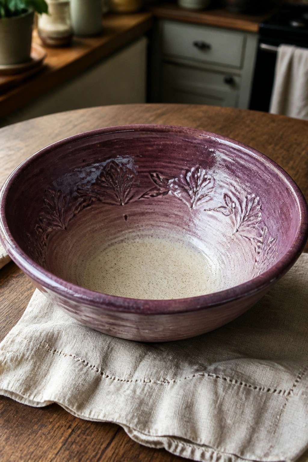Purple ceramic bowl with embossed leaves on linen cloth atop wooden table