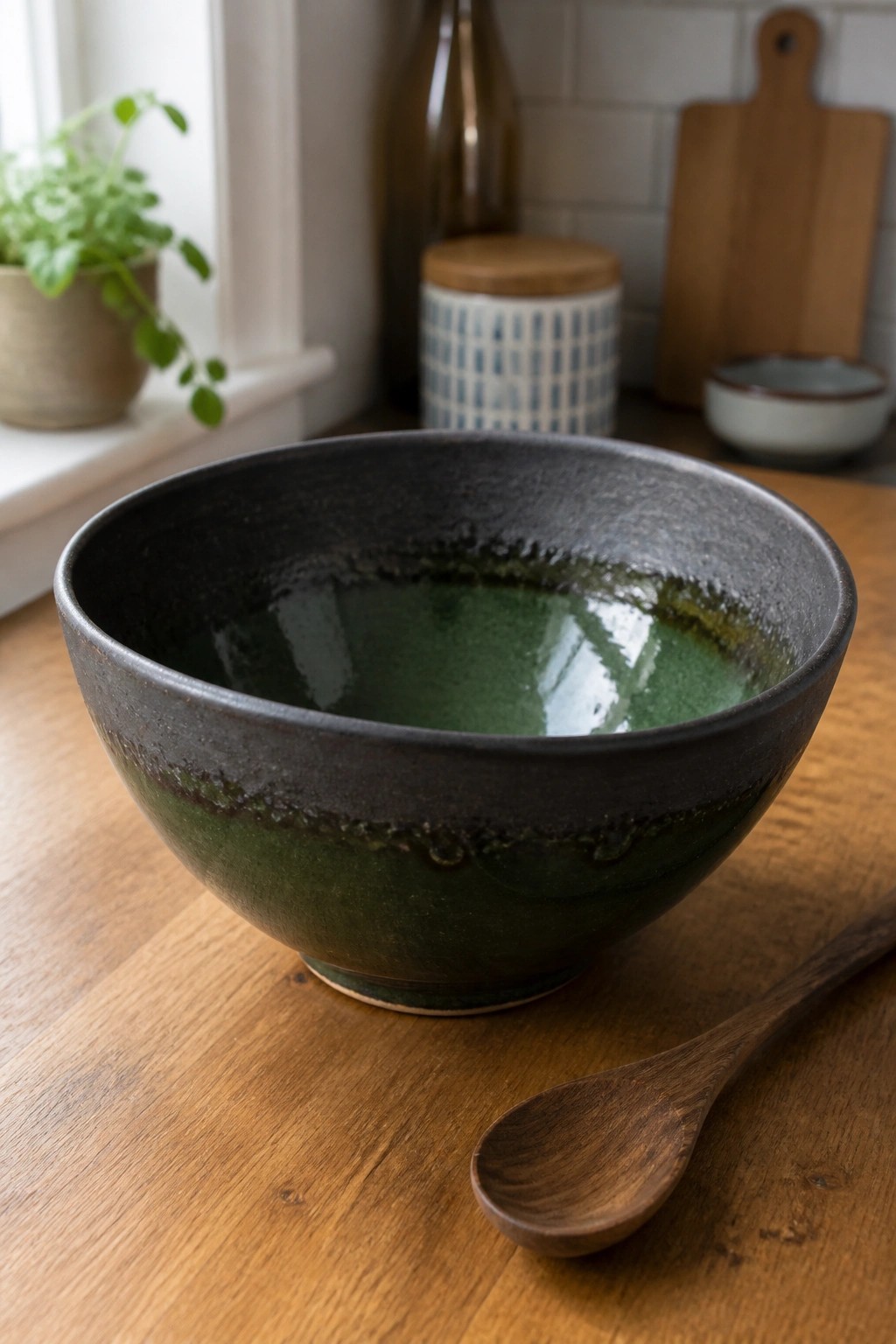 Green ceramic bowl with dark rim beside wooden spoon on table