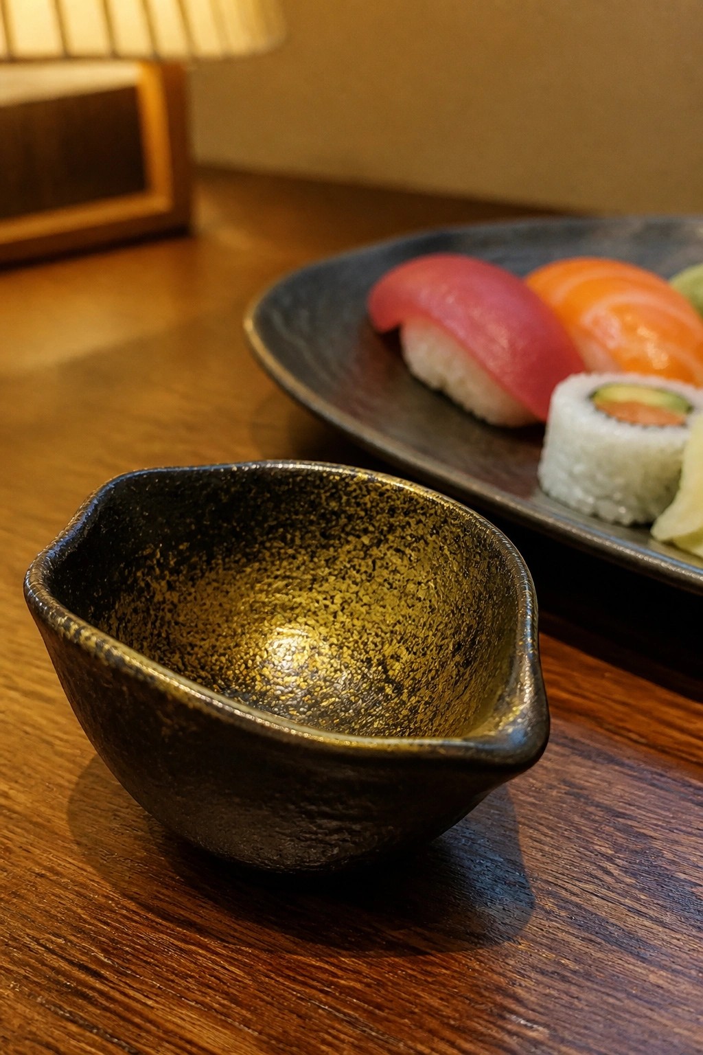 Small speckled bowl on wooden table beside plate of fresh sushi
