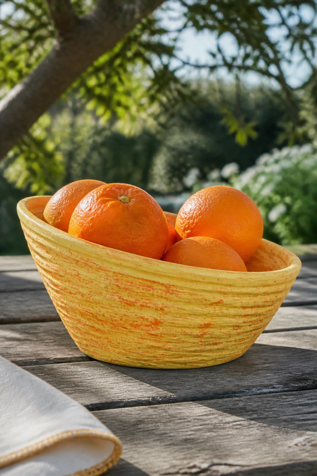 Yellow bowl of oranges beside white napkin on wooden outdoor table