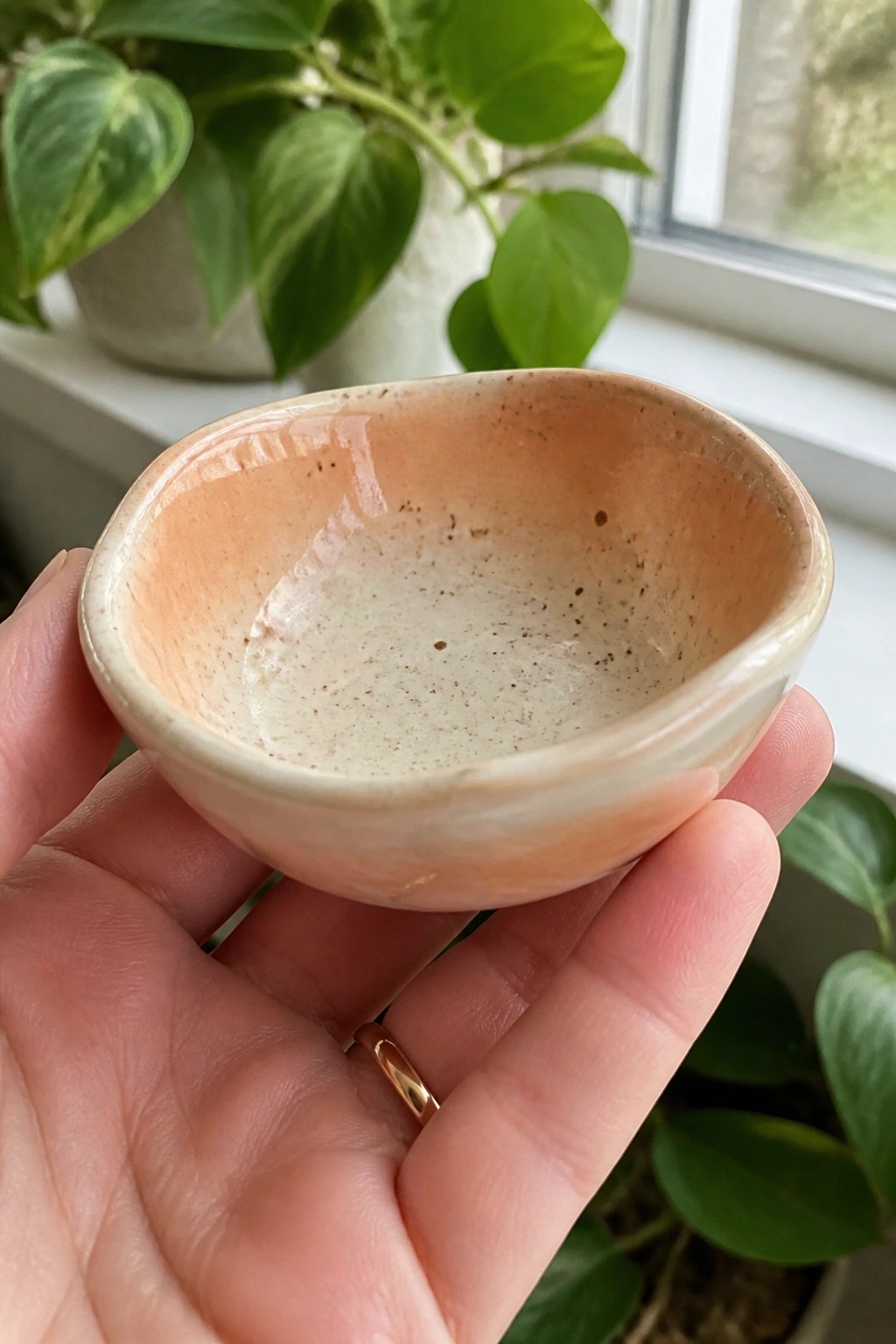 Hand holding glossy peach-speckled ceramic bowl, gold ring visible amid houseplants