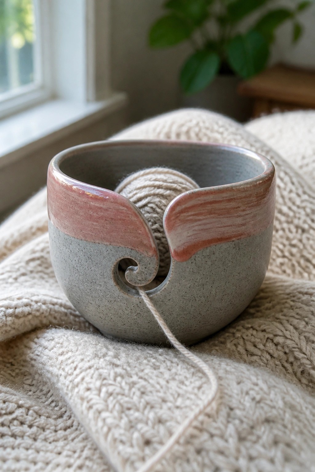 Pink and gray ceramic yarn bowl with beige yarn on knit blanket