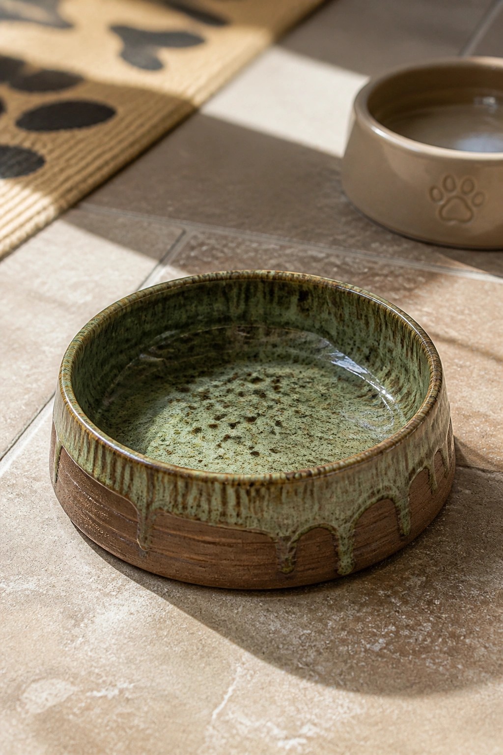 Green and brown glazed ceramic pet bowl with water on tiled floor near beige bowl