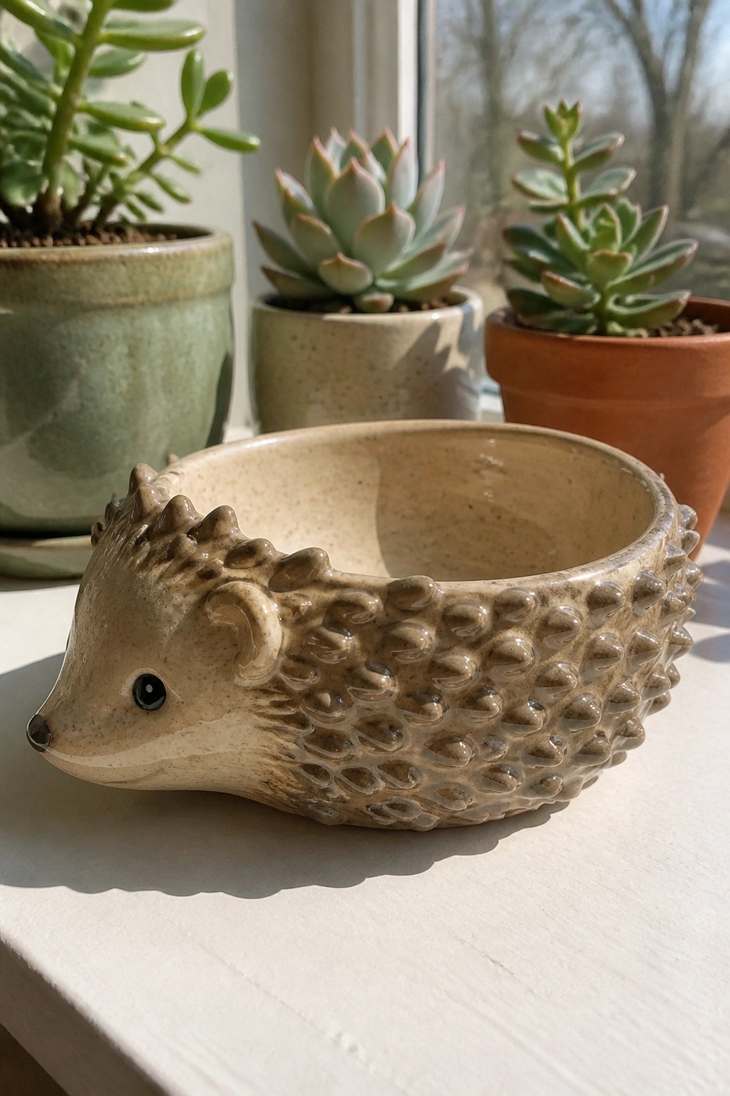 Ceramic hedgehog bowl on sunny windowsill with potted succulents behind