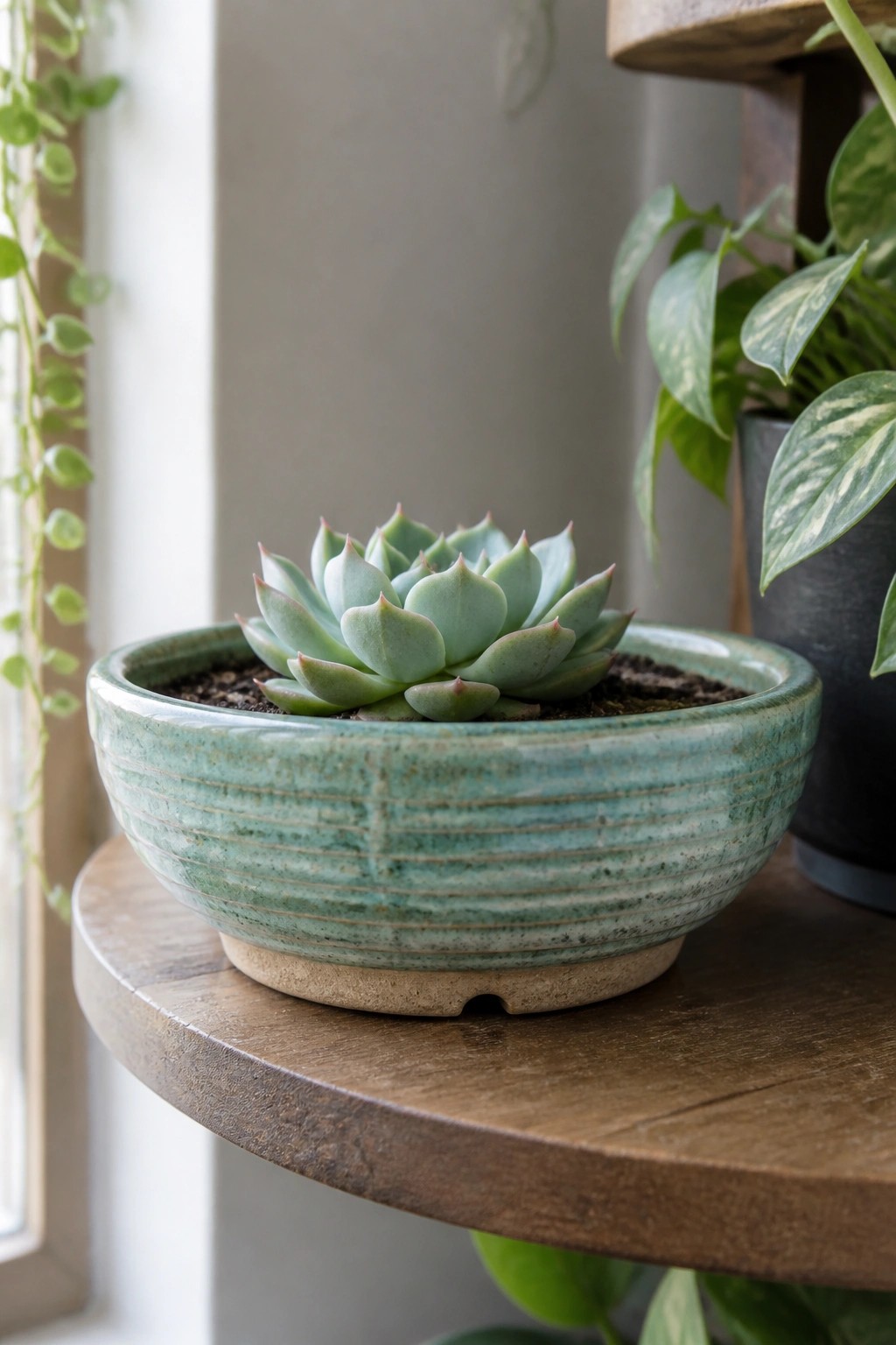 Green succulent in ridged turquoise ceramic bowl on round wooden table