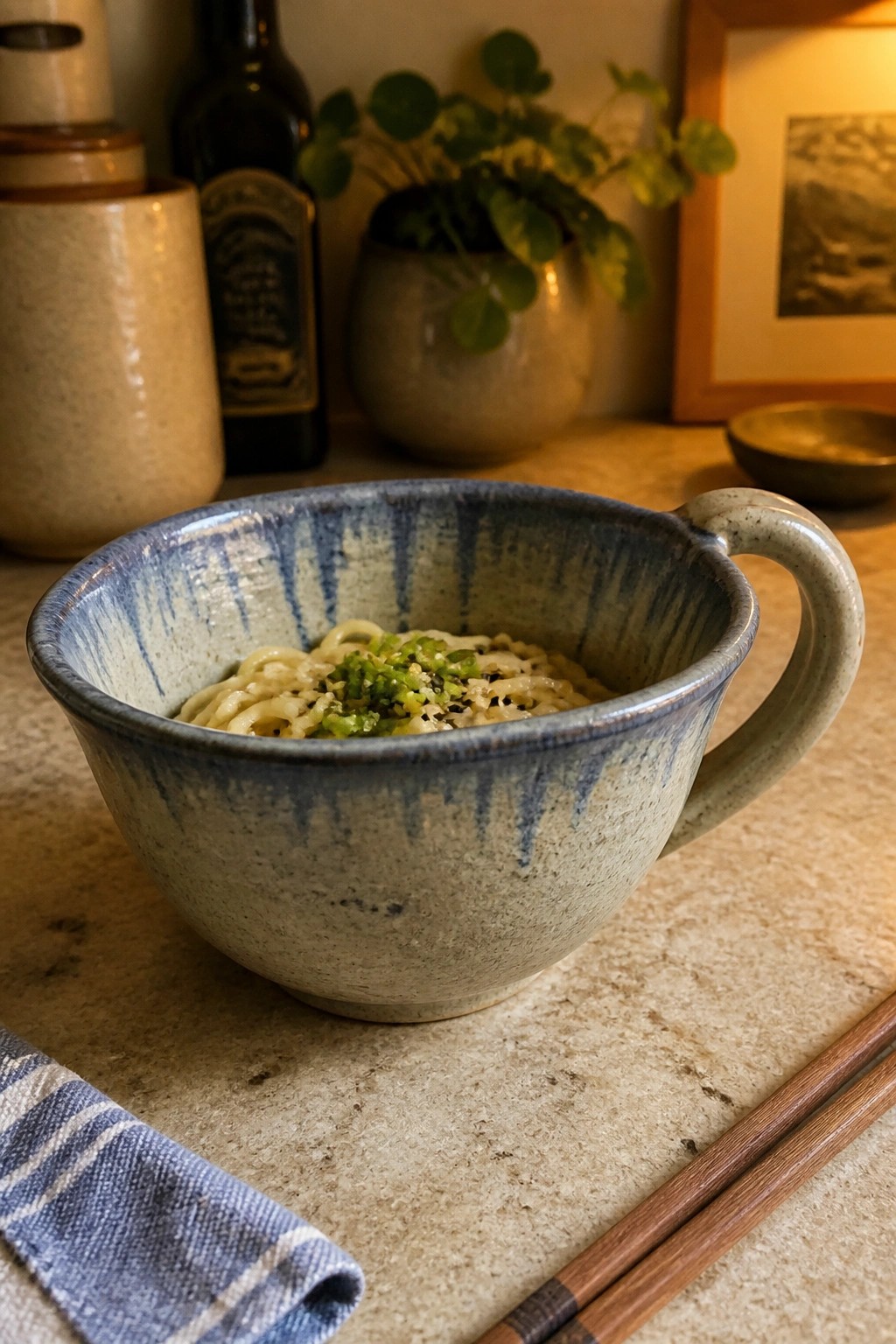 Blue ceramic bowl of noodles topped with green onions and sesame seeds beside chopsticks