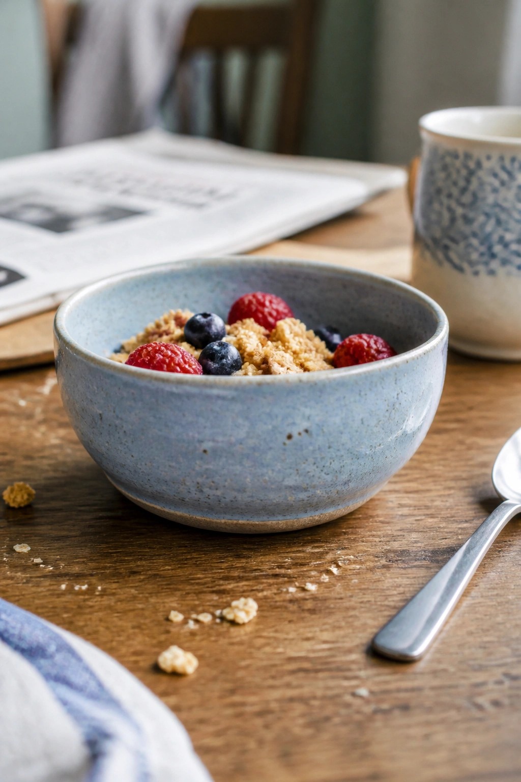 A blue speckled ceramic bowl filled with granola and berries sits on a wooden table next to a spoon.