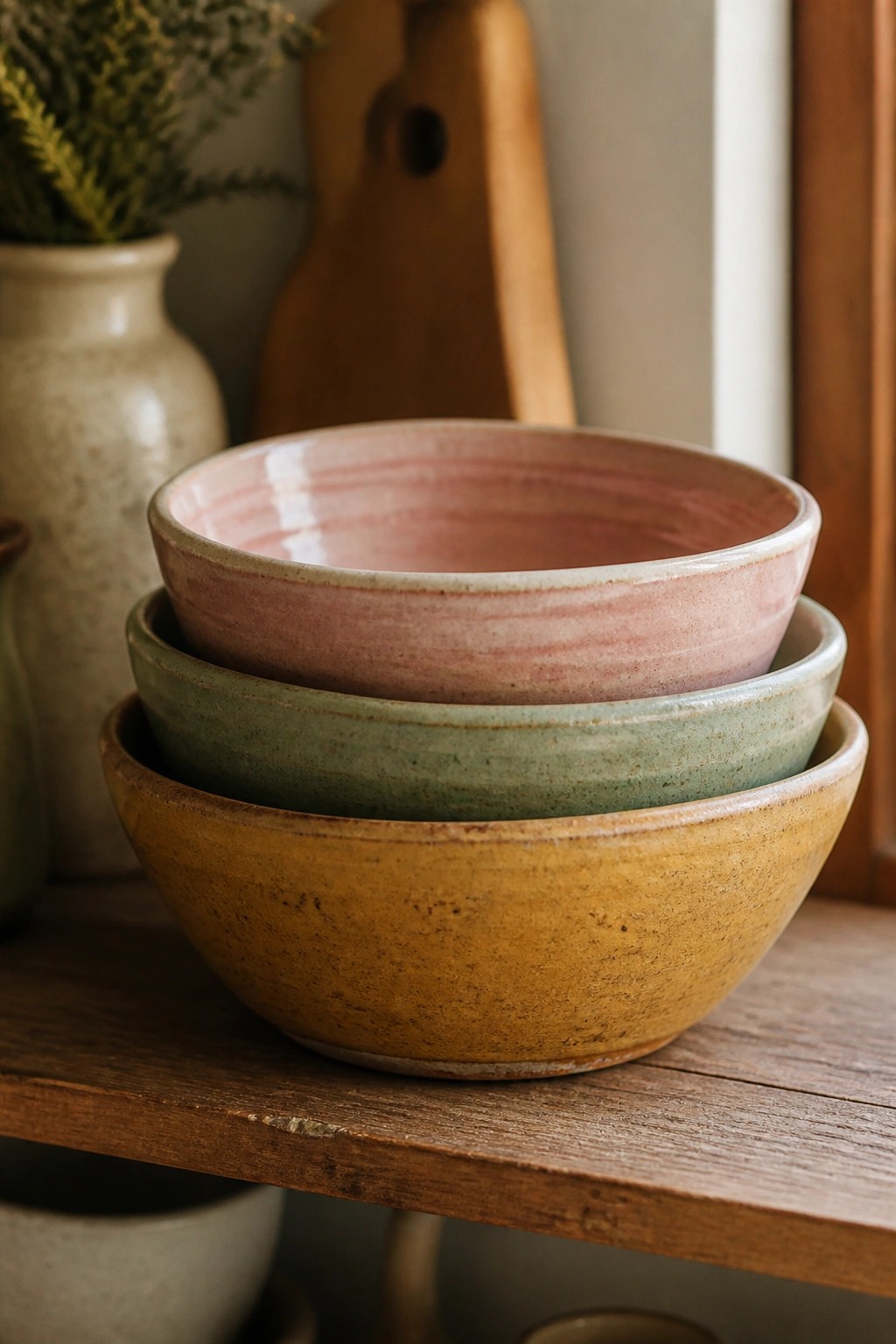 Three stacked ceramic bowls in pink, green, and yellow on wooden shelf