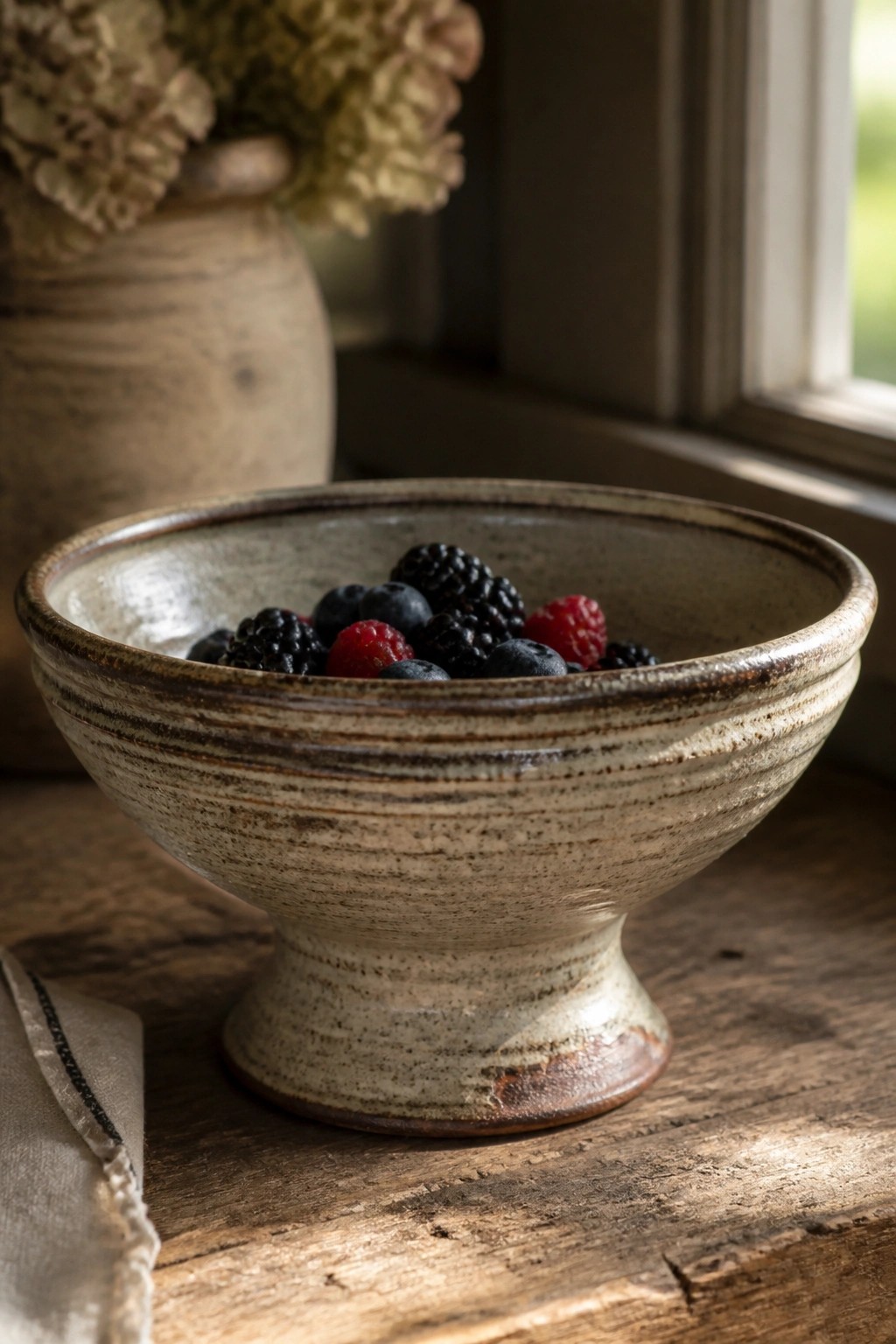 Rustic ceramic footed bowl filled with mixed berries on wooden table near dried flowers.