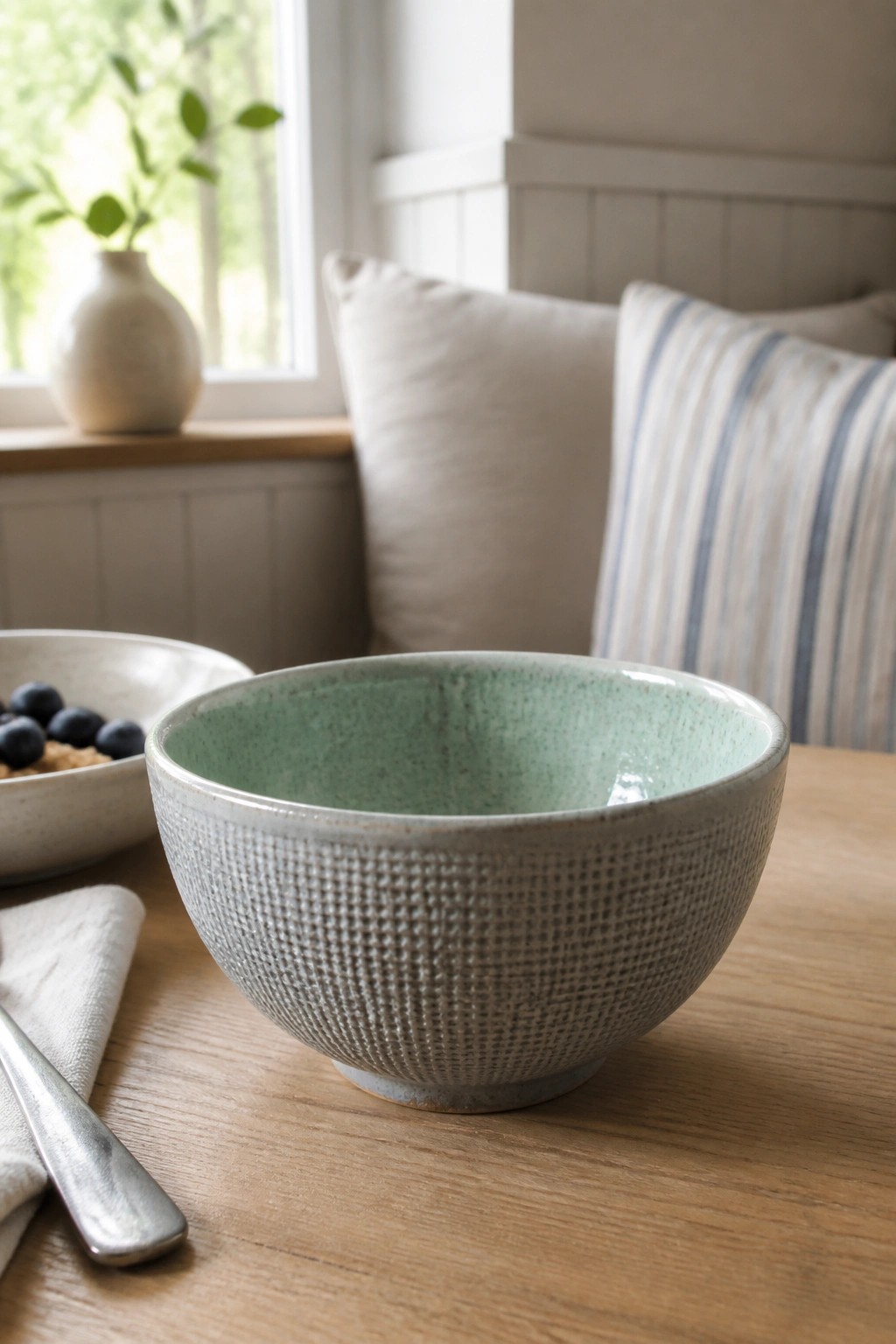 Textured gray bowl with green interior on wooden table near striped pillows