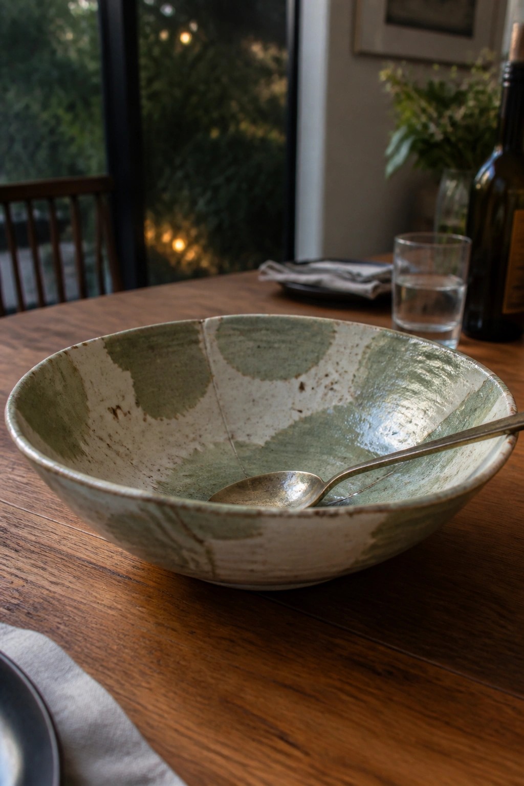 Mottled green ceramic bowl with spoon on wooden dining table