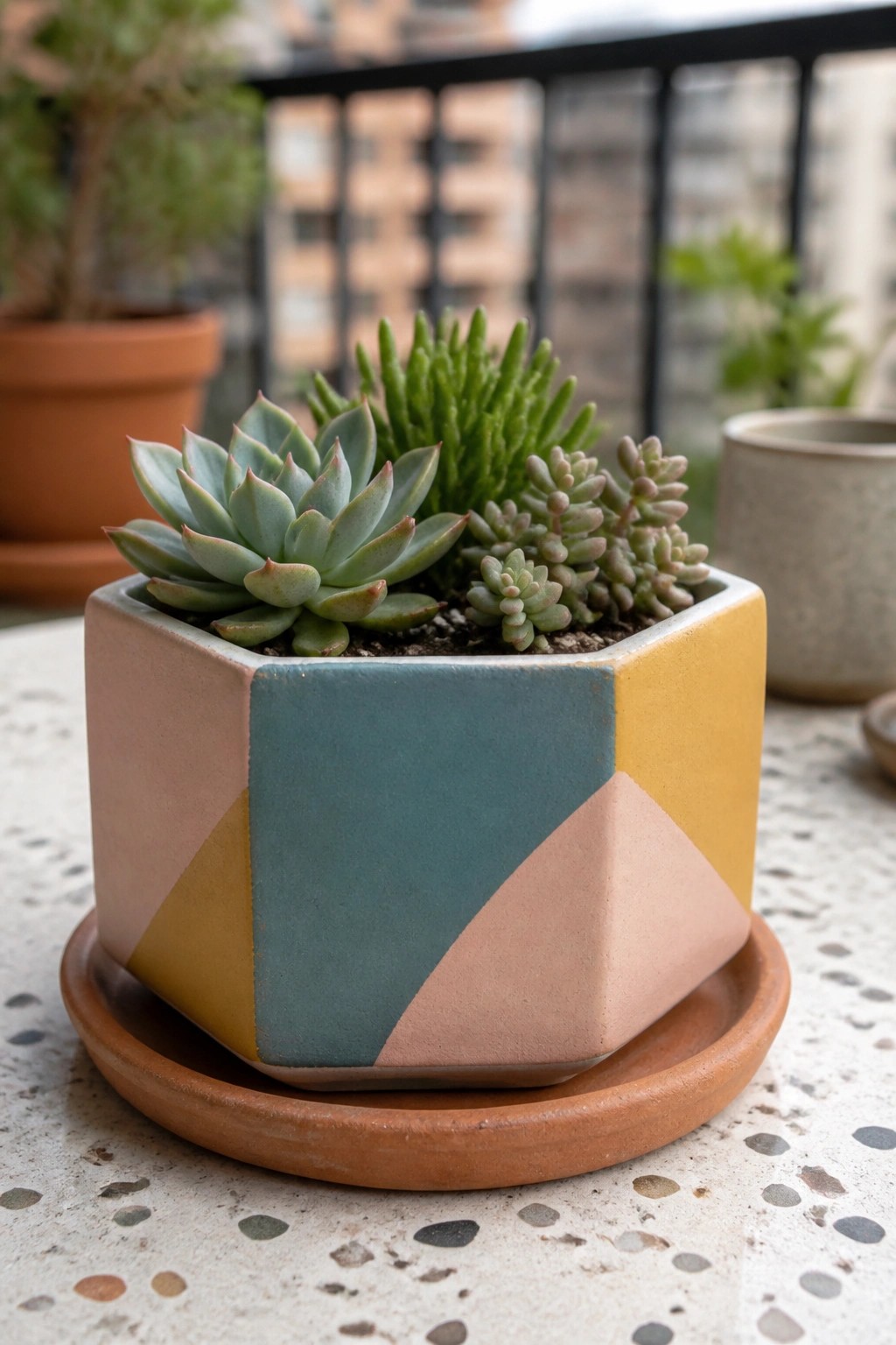Multicolored geometric ceramic planter with succulents on a terracotta tray.
