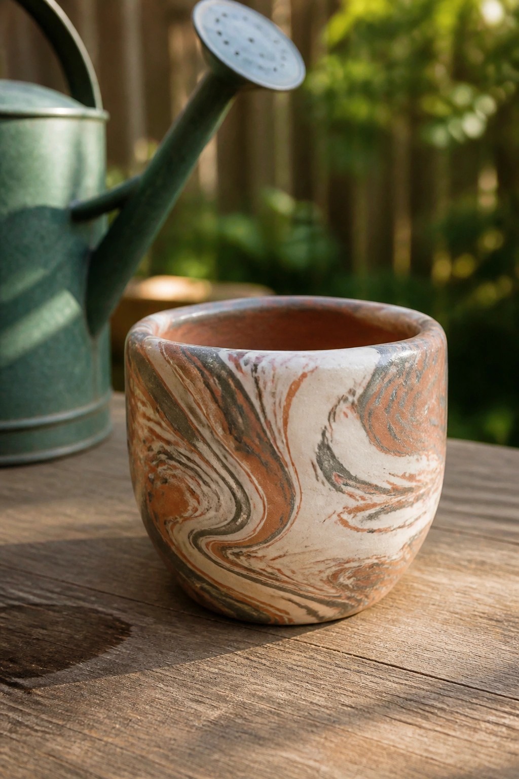 Marbled ceramic bowl with orange-brown swirls on wood beside green watering can