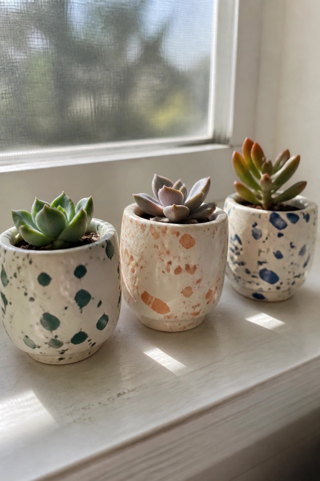 Three succulents in speckled pots on a sunlit white windowsill