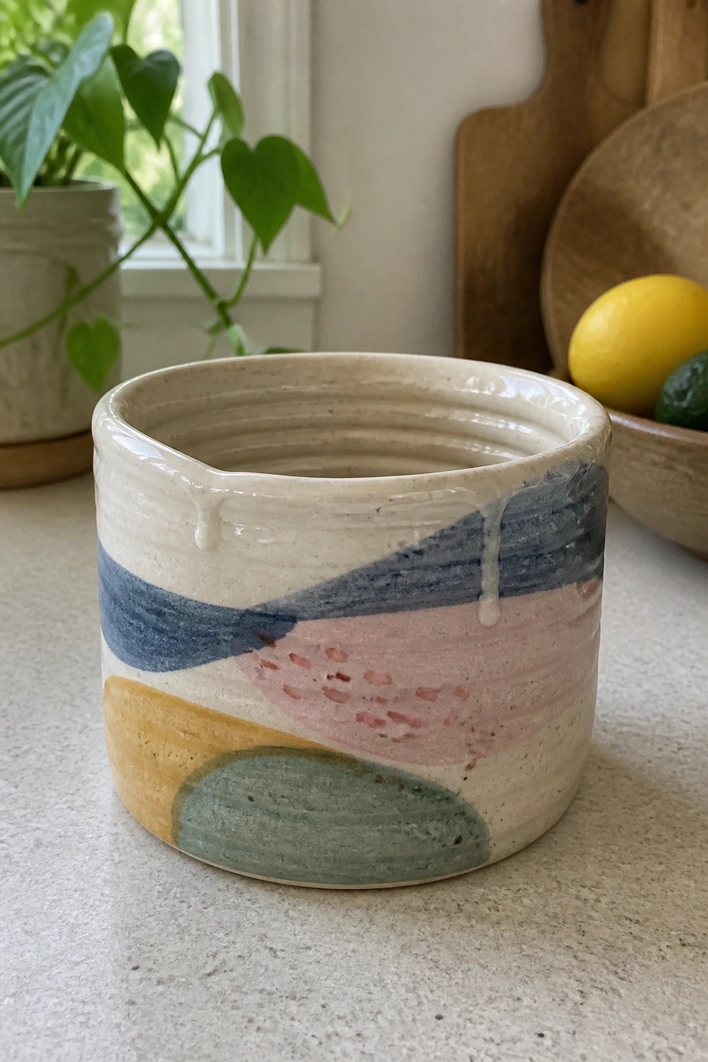 Colorful abstract ceramic pot with blue, pink, yellow, and green patterns on countertop