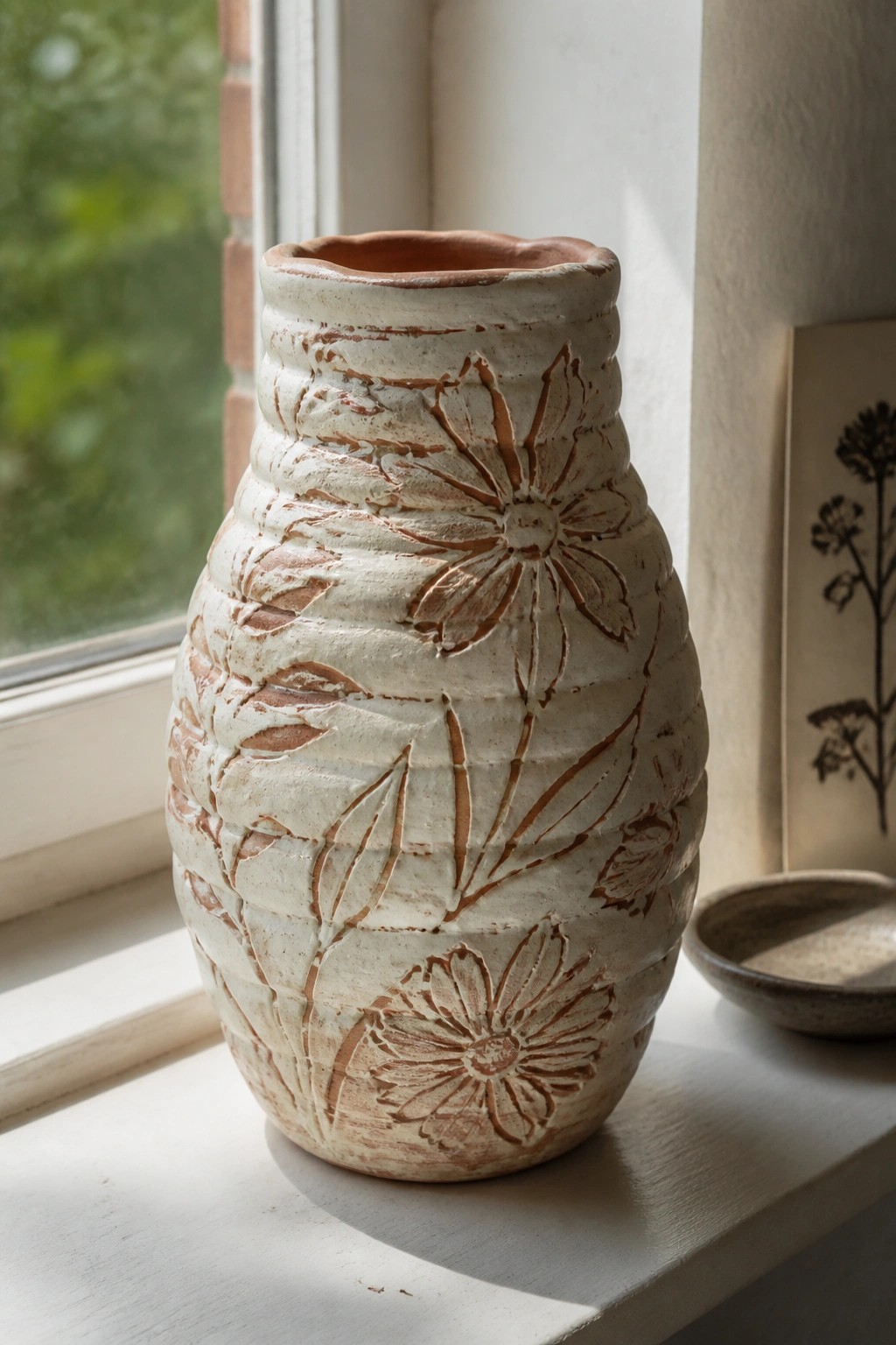 Rustic ceramic vase with carved flowers and leaves on a sunlit windowsill