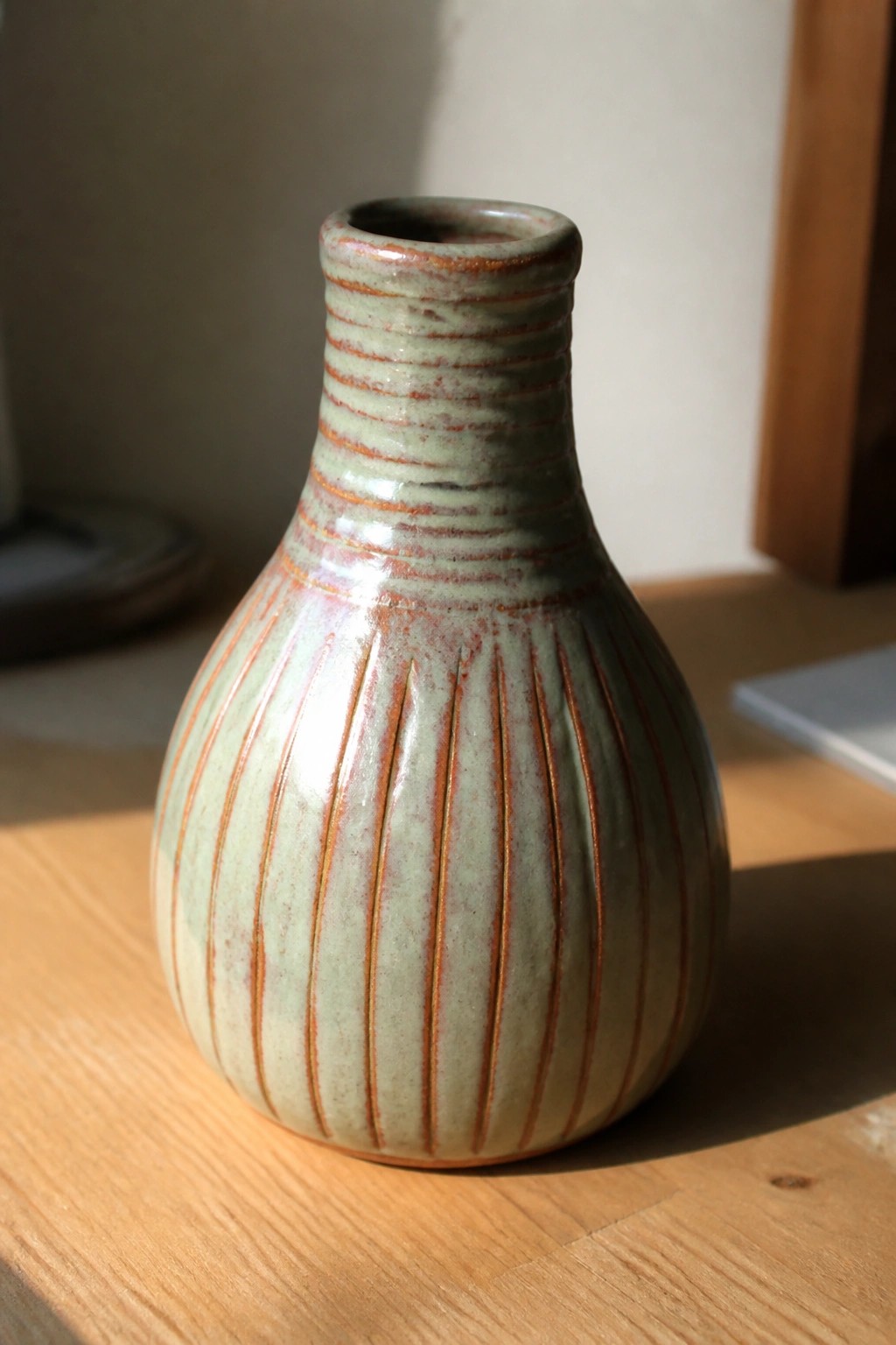 Light green ceramic vase with reddish-brown stripes on wooden table