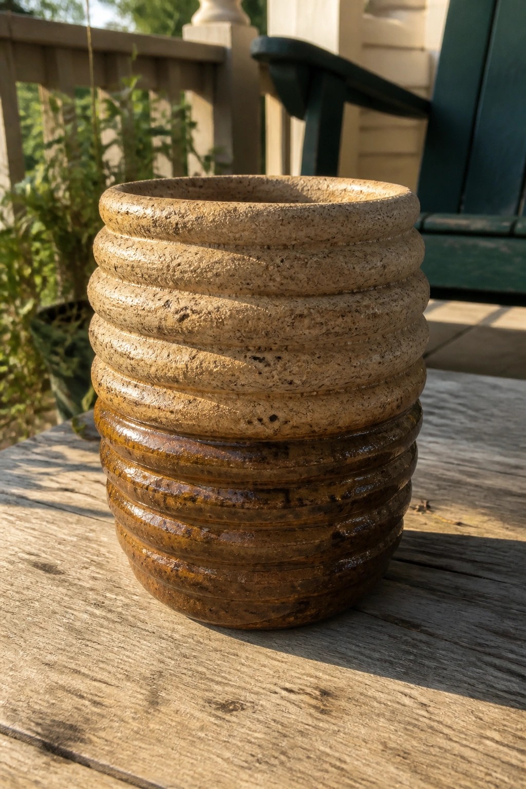 Brown ribbed ceramic pot on wooden table with green chair behind