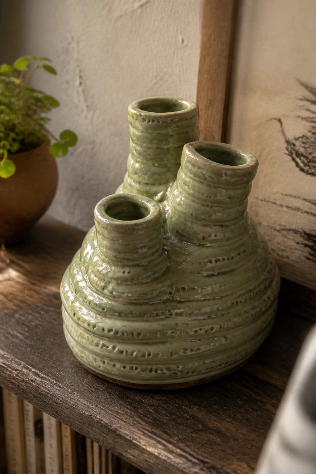 Green ceramic multi-spouted vase with ridged texture on wooden shelf